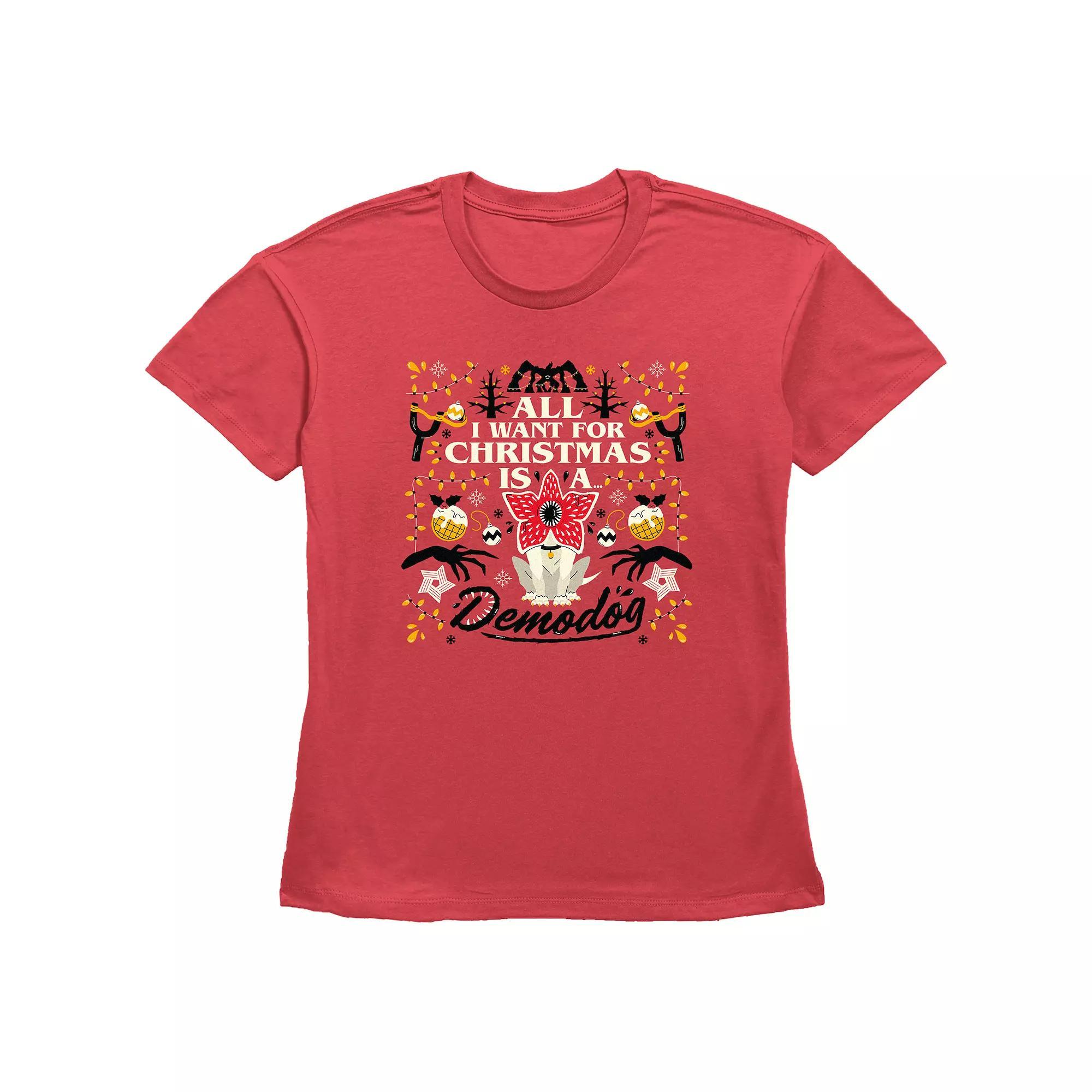 Women's Stranger Things All I Want For Christmas Is A Demodog Graphic Tee, Size: Large, Red Product Image