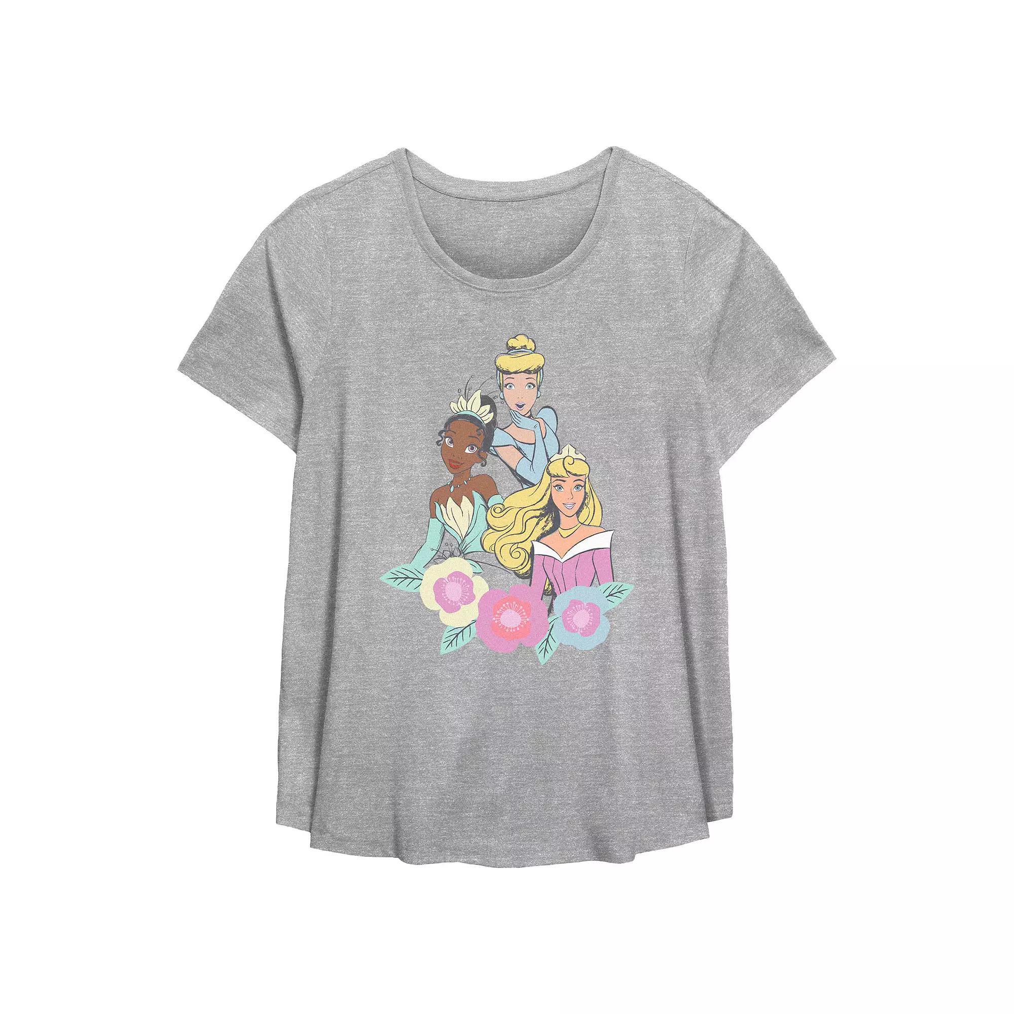 Disney Princess Tiana, Cinderella & Aurora Springtime Trio Plus Size Flowy Graphic Tee, Women's, Size: 0X, Grey Gray Product Image