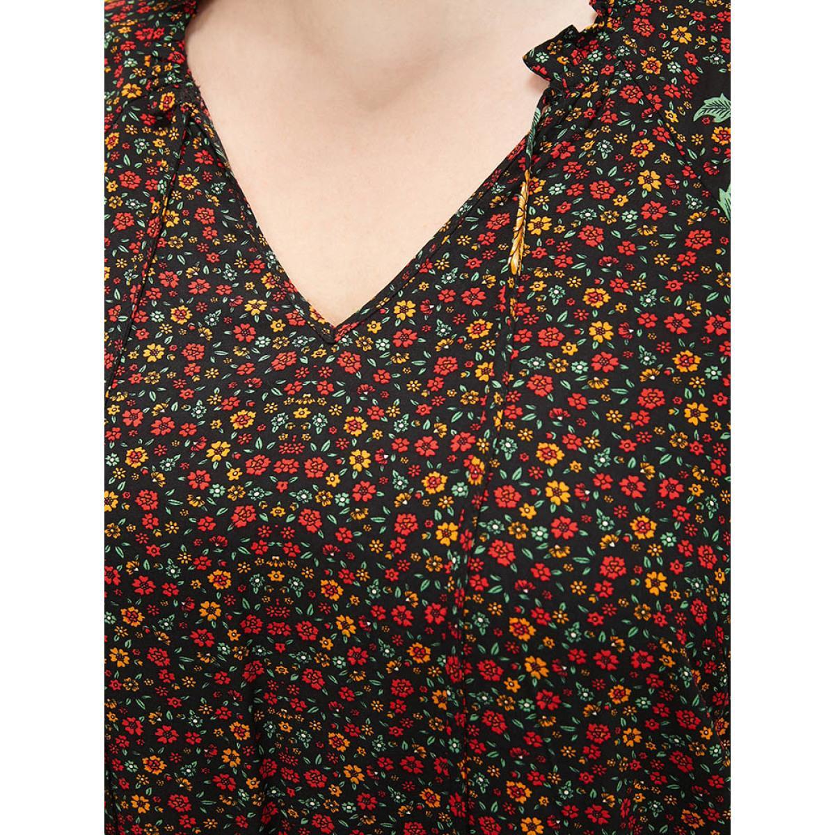 Plus Size Black Ditsy Floral Tie Neck Ruffles Raglan Sleeve Blouse Women Vacation Short sleeve V-neck Dailywear Blouses BloomChic 18-20/2X Product Image