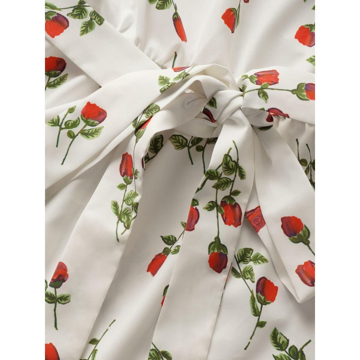 Plus Size Ivory Rose Print Tie Knot Button Detail Ties Blouse Women Elegant Short sleeve V-neck Everyday Blouses BloomChic 18-20/2X Product Image