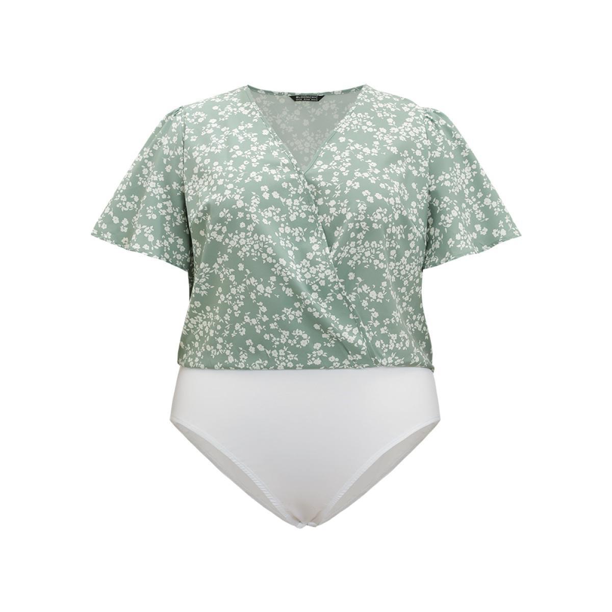 Plus Size Ditsy Floral Overlap Collar Flutter Sleeve Bodysuit Women Green Ditsy Floral Printed Bodysuits BloomChic 14-16/1X Product Image
