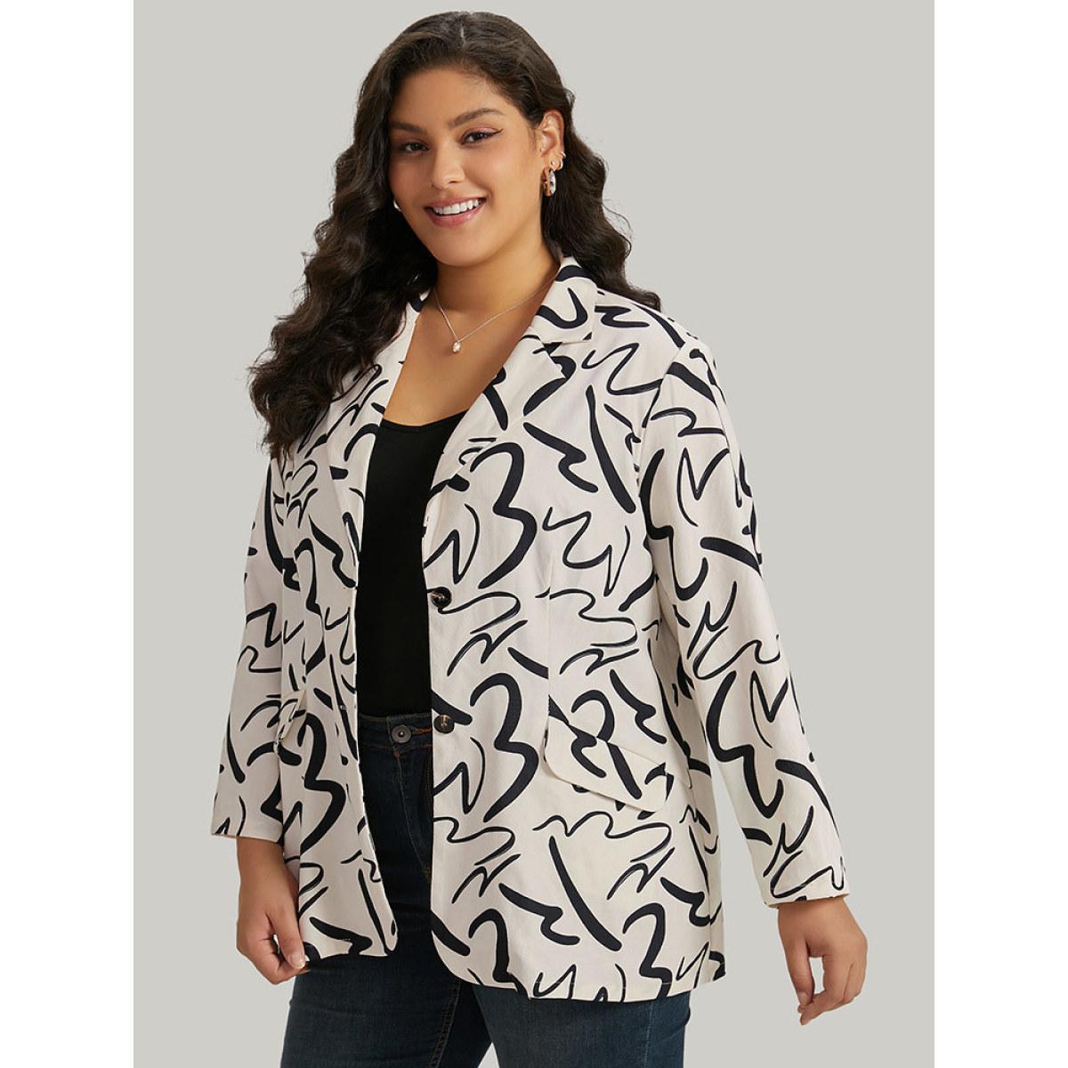Plus Size Line Print Suit Collar Pocket Button Through Blazer Ivory Women Dailywear Geometric Button Sleeve Long Sleeve Suit Collar 12/L Pocket Office Blazers BloomChic Product Image