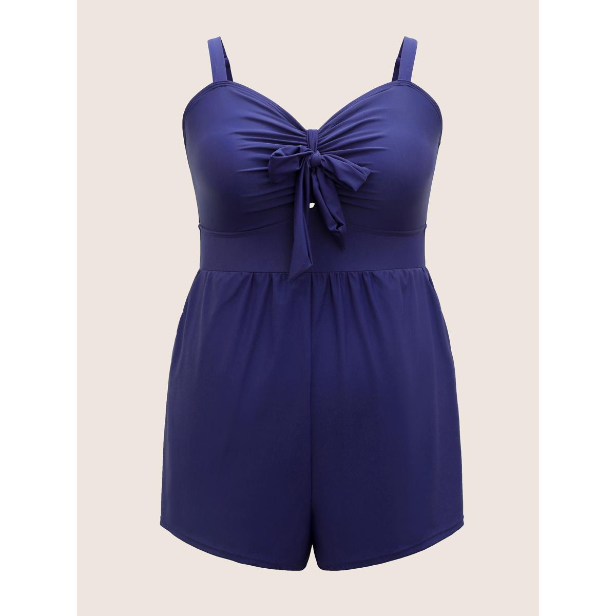 Plus Size Plain Bowknot Pocket Gathered One Piece Swimsuit Women's Swimwear Indigo Beach Non Curve Bathing Suits High stretch One Pieces BloomChic 26/4X Product Image