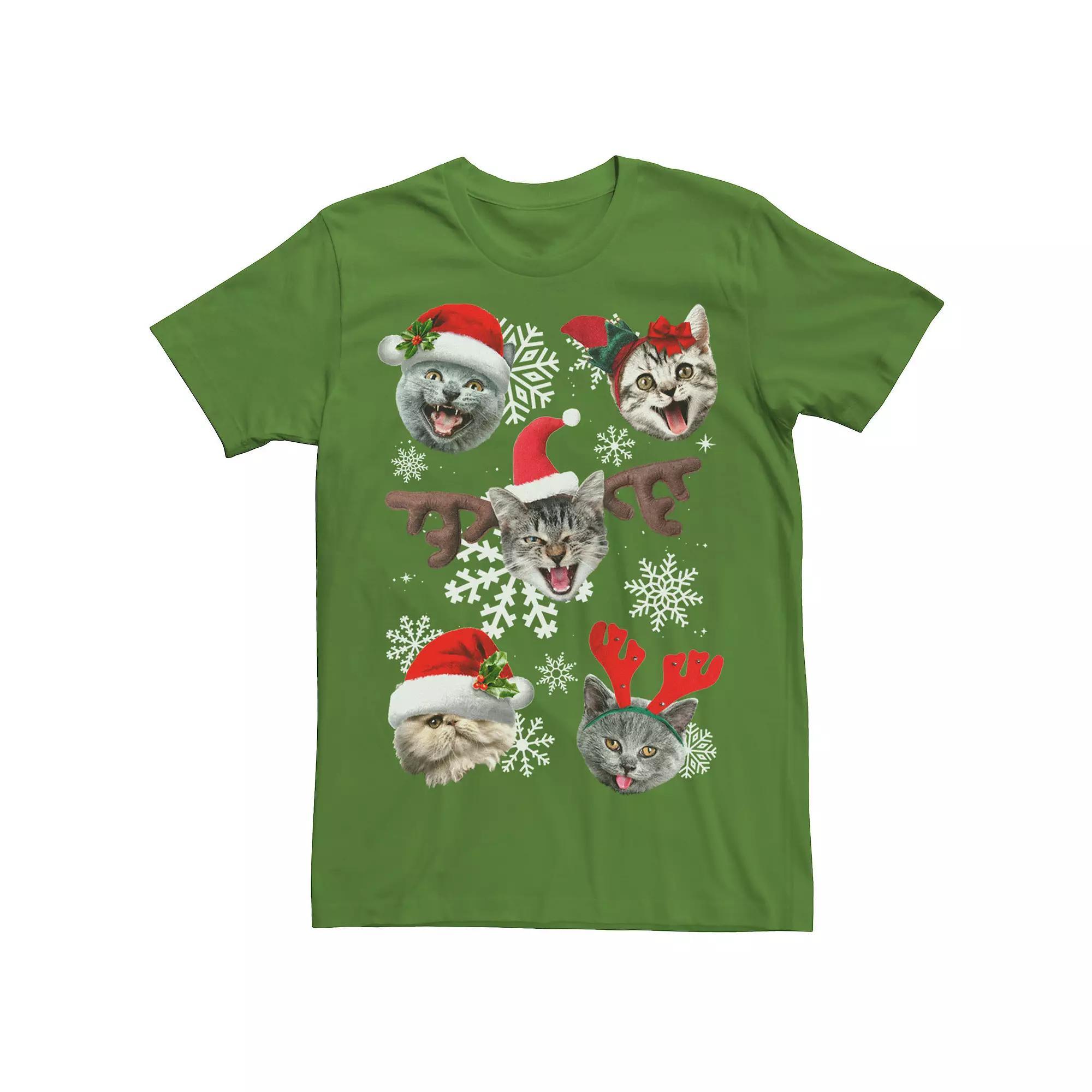 Men's Cats In Christmas Hats Collage Graphic Tee, Size: 3XL, Kelly Product Image