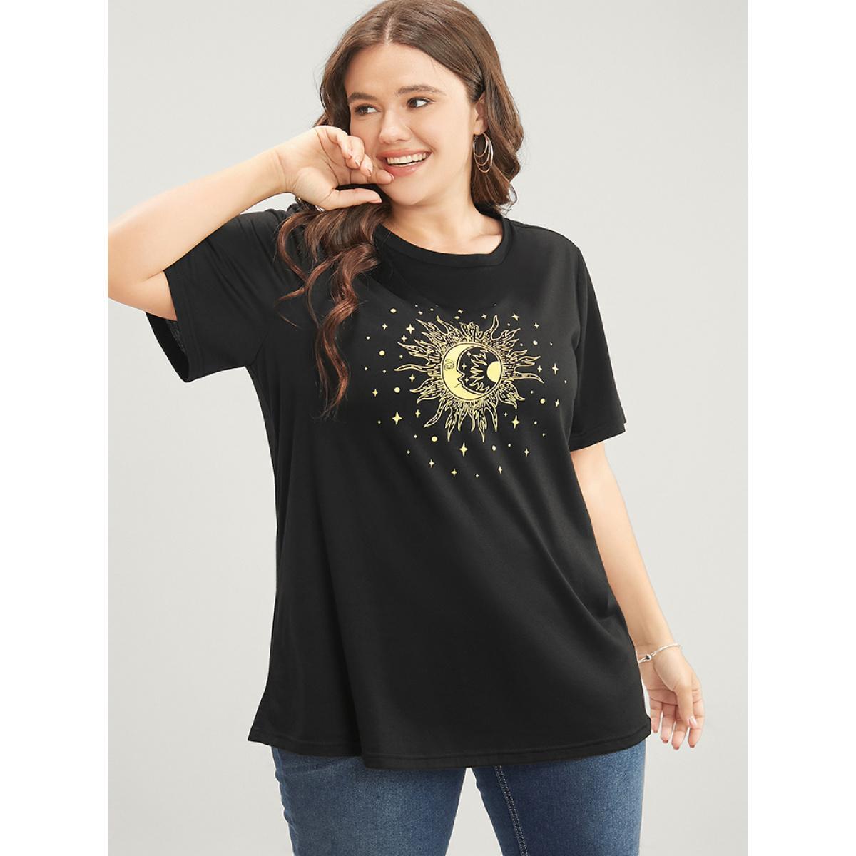Plus Size Moon And Star Round Neck T-shirt DimGray Women Casual Printed Star and moon Dailywear T-shirts BloomChic 12/L Product Image