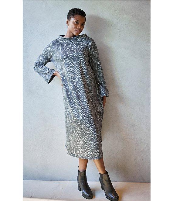 Bryn Walker Avila Serpent Recycled Knit Banded Crew Neck Long Sleeve A-Line Midi Dress Product Image