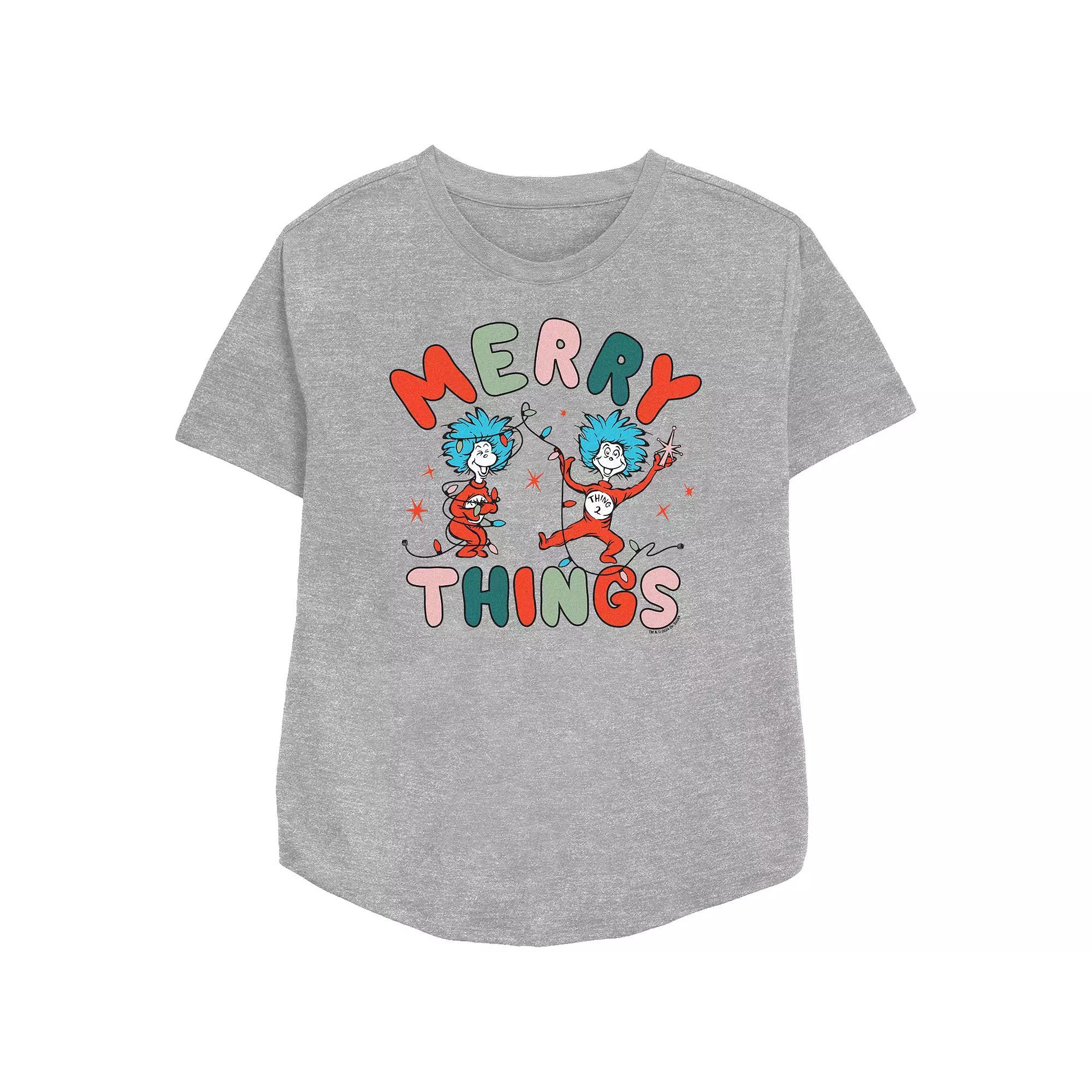 Women's Dr. Seuss Thing 1 And Thing 2 Merry Things Relaxed Fit Graphic Tee, Size: Medium, Athletic Grey Product Image
