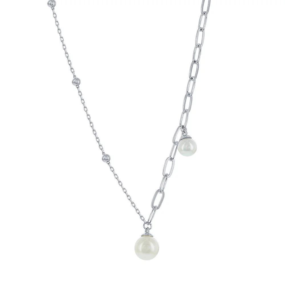 Sterling Silver Beaded & Paper Clip Freshwater Cultured Pearl Asymmetrical Necklace, Women's, Size: 16" Product Image