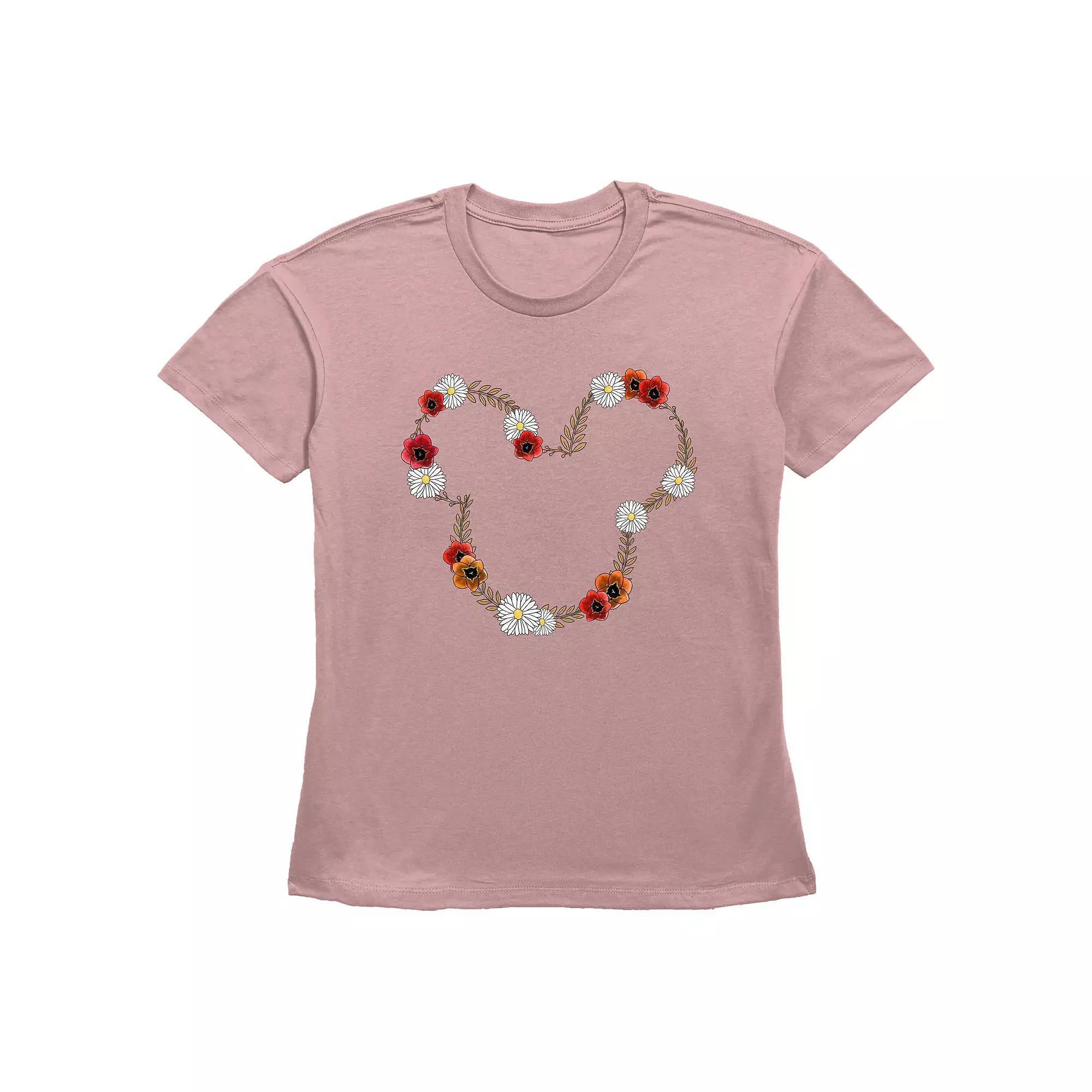 Disney's Mickey Mouse Spring Floral Wreath Women's Graphic Tee, Size: Large, Desert Pink Product Image