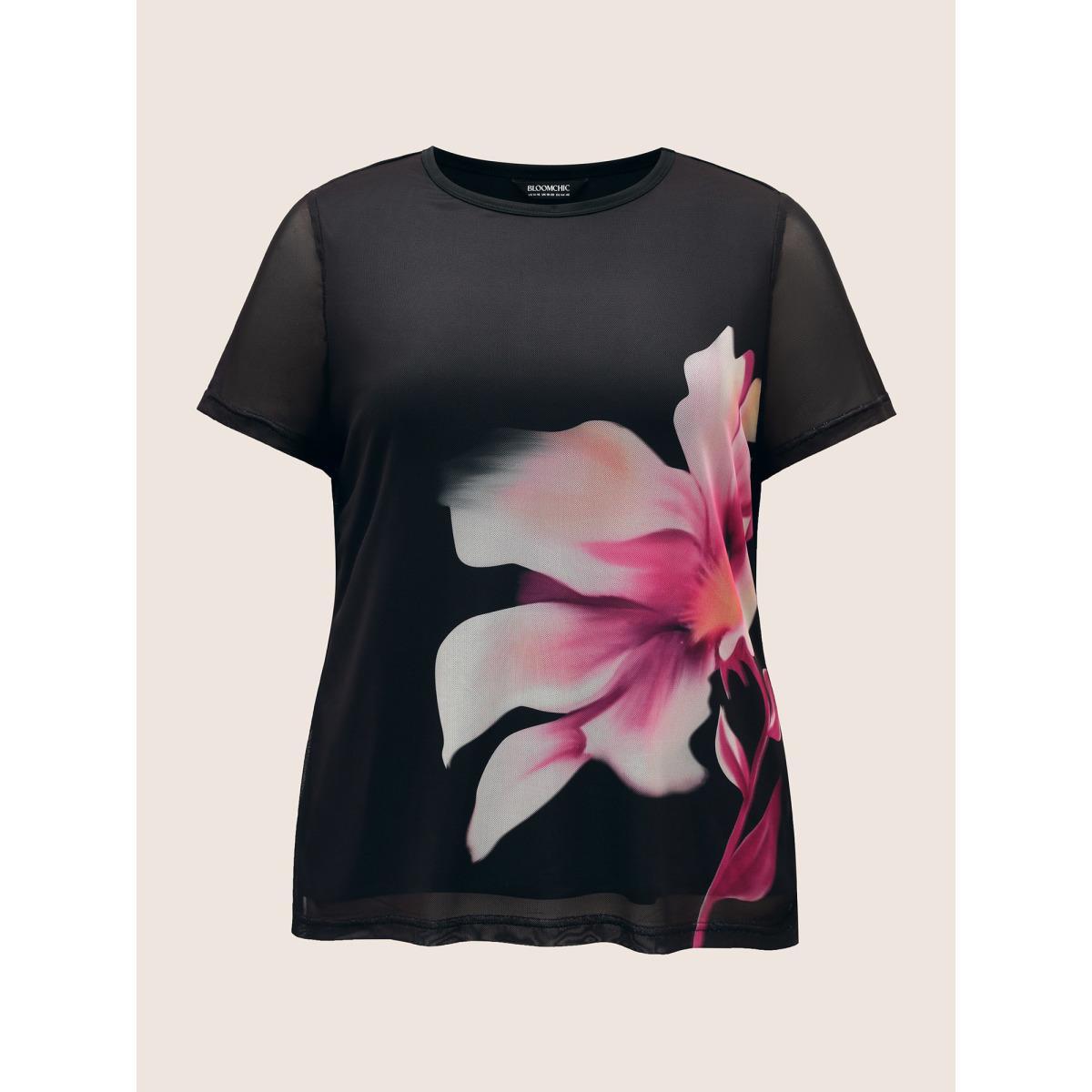Plus Size Round Neck Lily Print Patchwork Mesh T-shirt Black Women Elegant See through Natural Flowers Round Neck Everyday T-shirts BloomChic 12/L Product Image