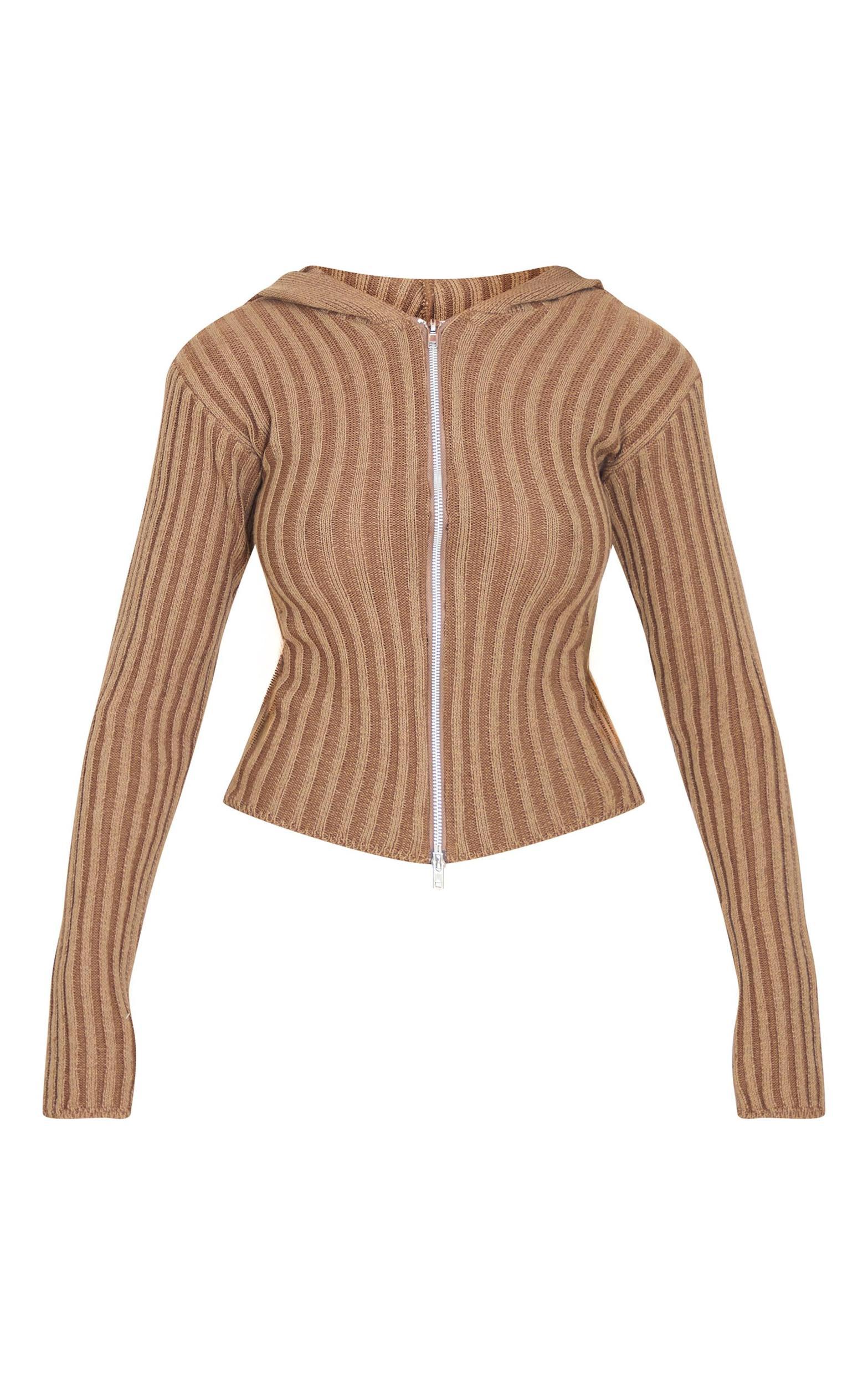 Chocolate Two Tone Knitted Zip Up Cardigan Product Image