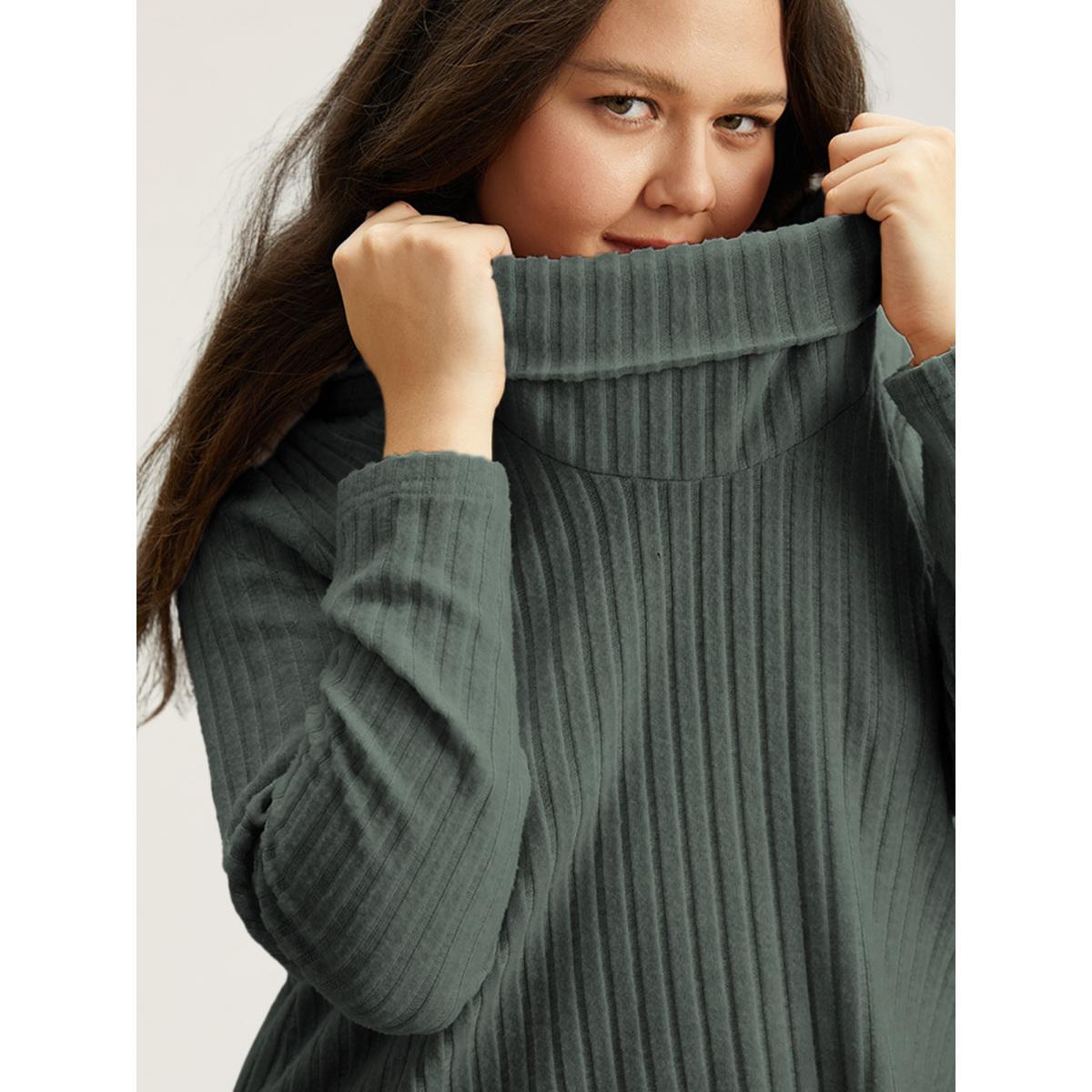 Plus Size Plain Rib Knit Cowl Neck T-shirt Green Women Elegant Texture Plain Ruffled collar Dailywear T-shirts BloomChic 26/4X Product Image