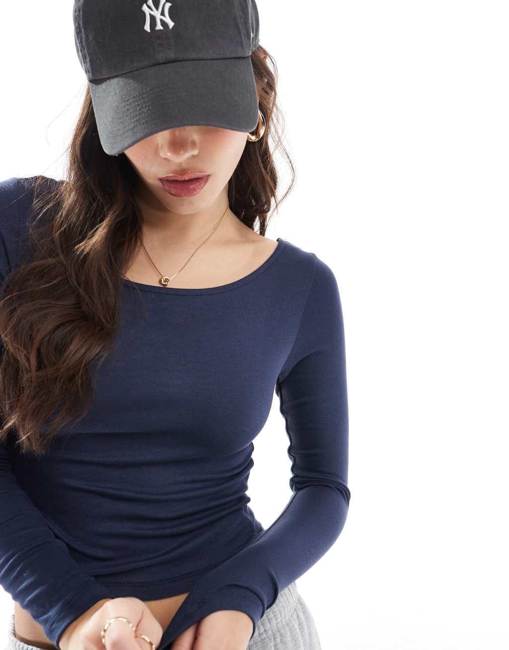 Stradivarius STR slash neck top in navy Product Image