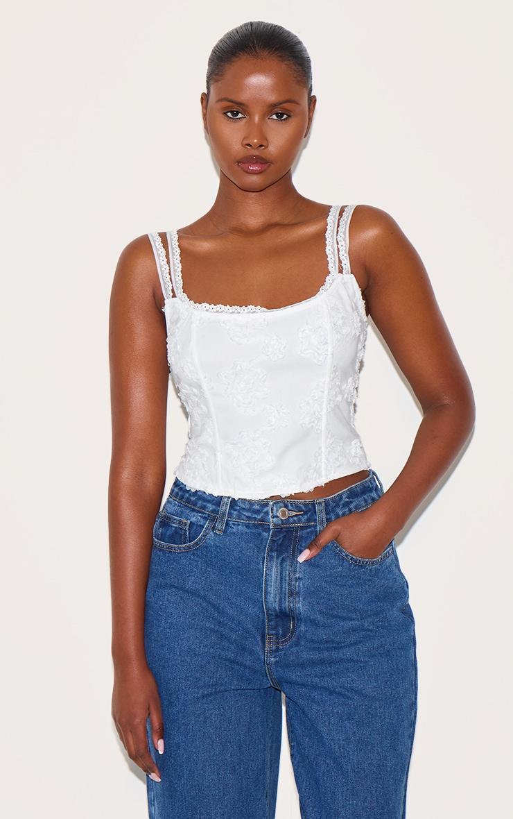 White Floral Textured Boned Corset Product Image