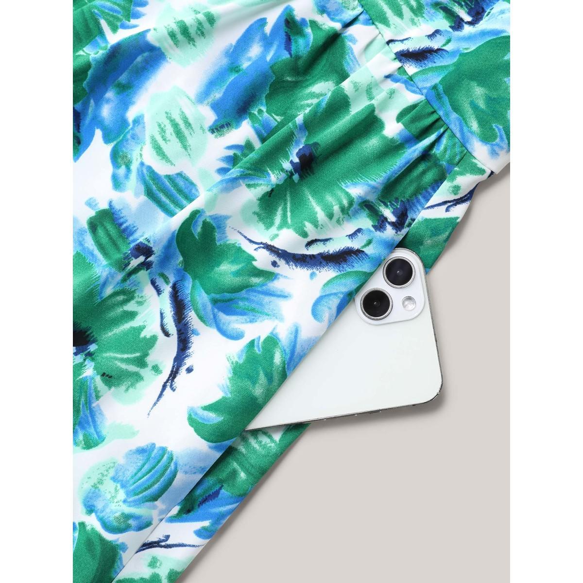 Plus Size Brush Stroke Floral Surplice Neck Midi Dress Mediumblue Women Elegant Gathered Overlap Collar Short sleeve Curvy BloomChic 10/M Product Image