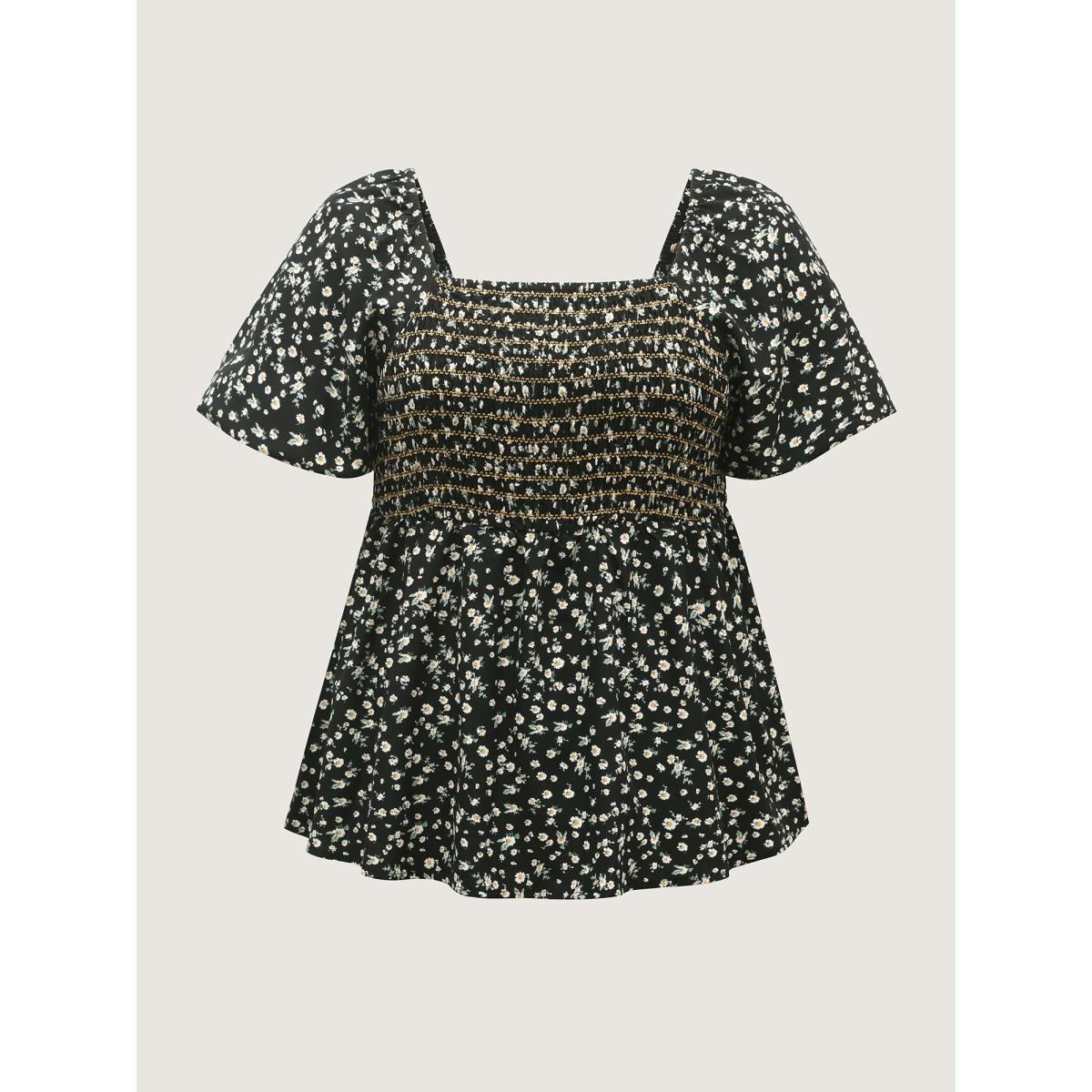 Plus Size Black Shirred Bust Floral Fit and Flared Blouse Women Short sleeve Square Neck Everyday-Elegant Blouses BloomChic 12/L Product Image