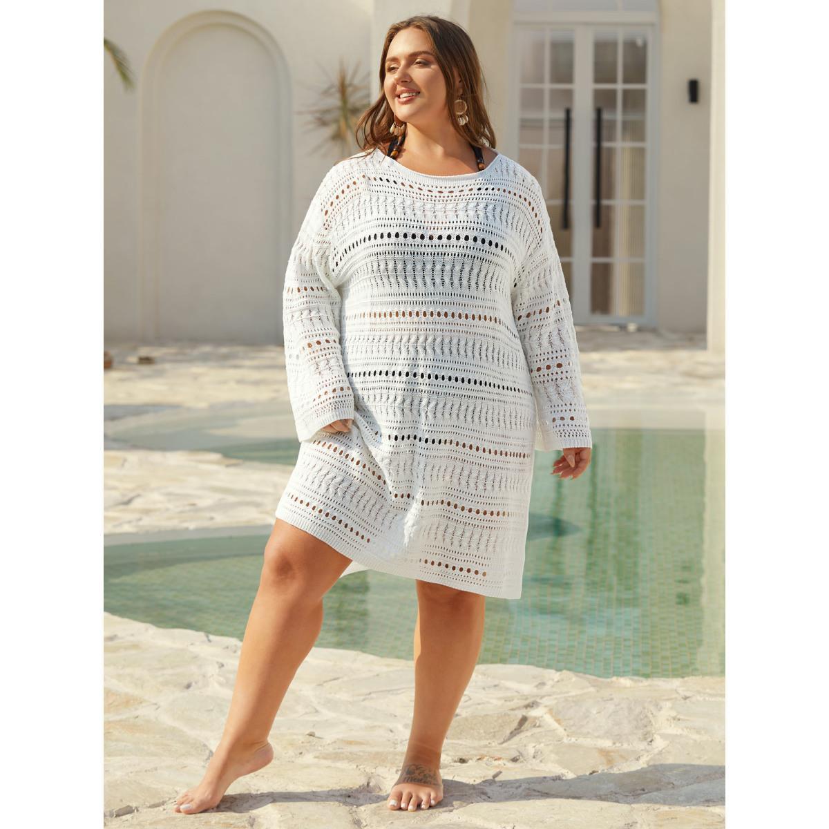 Plus Size Cut-Out Bell Sleeve Swim Cover-Up Women's Swimwear Ivory Beach Loose Texture Curve Swim Cover Ups BloomChic 18-20/2X Product Image