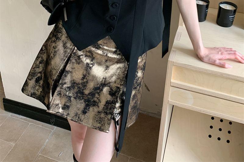 Choker-Neck V-Neck Sleeveless Lace Trim Slit Top / High Waist Floral Jacquard Mini A-Line Skirt Product Image