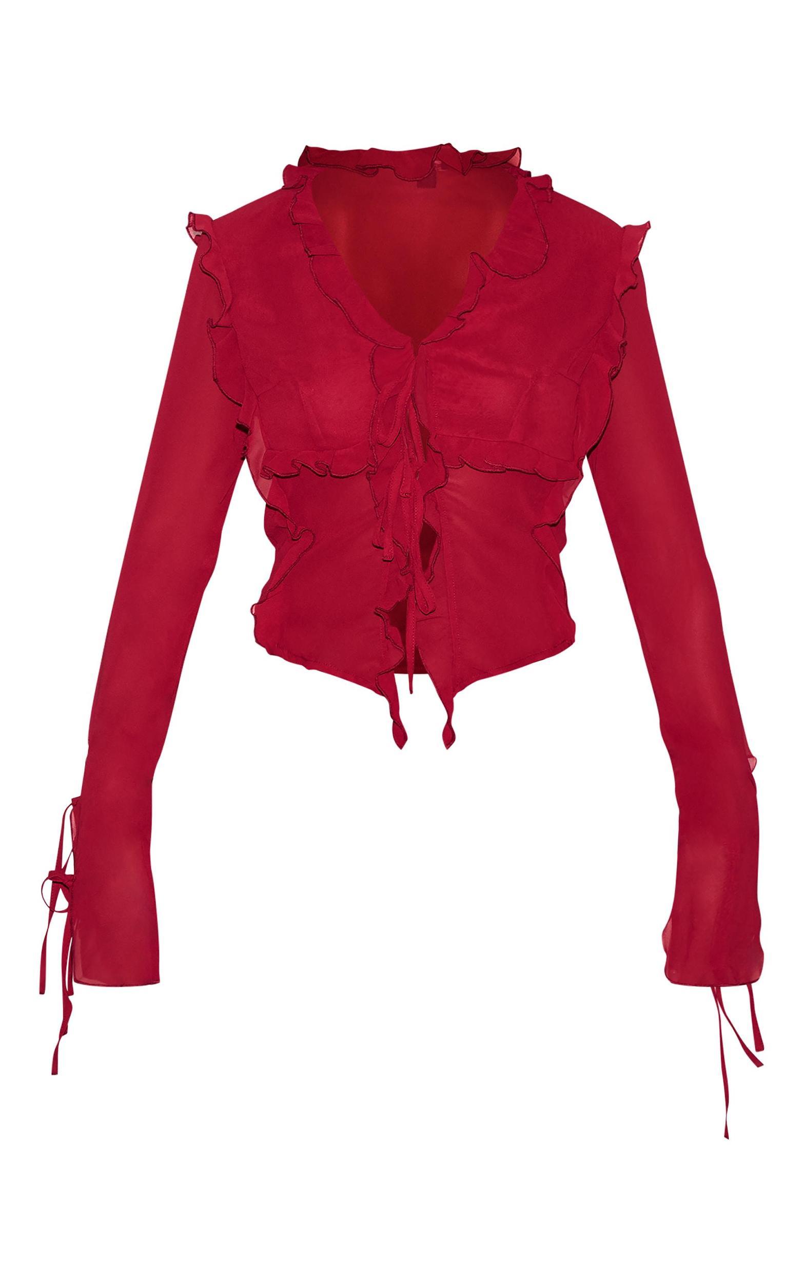 Burgundy Chiffon Ruffle Tie Front Blouse Product Image