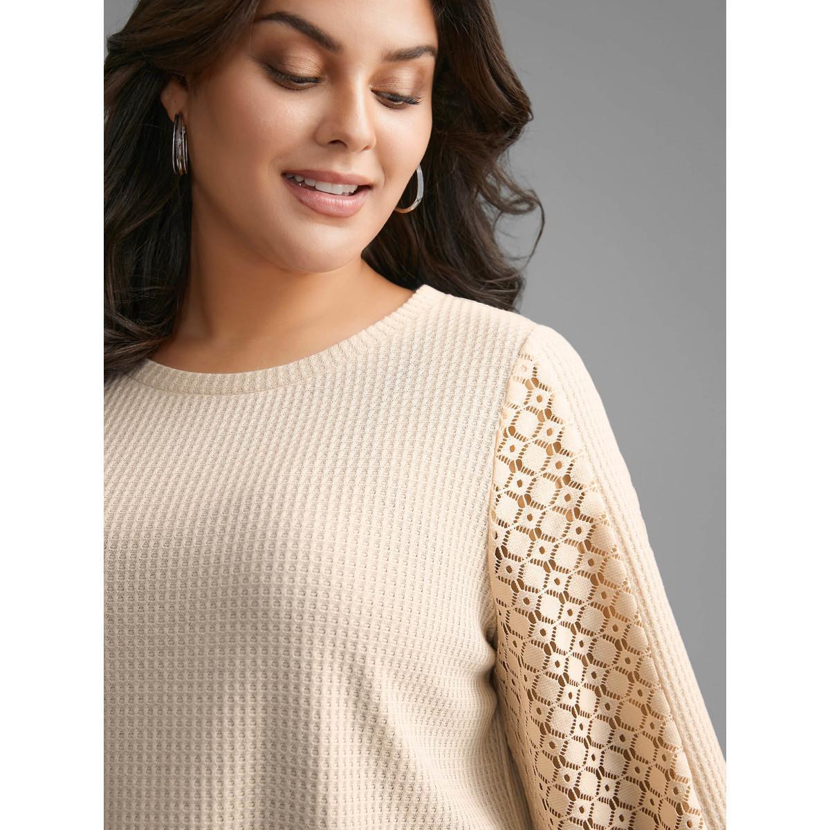 Plus Size Textured Patchwork Lace Panel T-shirt Champagne Women Casual Texture Non Everyday T-shirts BloomChic 30/6X Product Image
