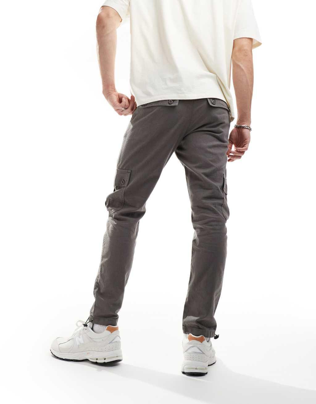ASOS DESIGN tapered cargo linen mix pants in washed charcoal Product Image