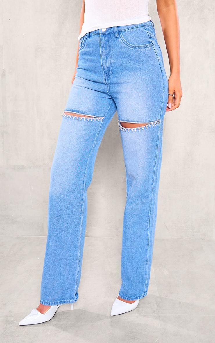 Tall Mid Blue Wash Diamante Cut Out Detail Mid Rise Straight Leg Jeans Product Image