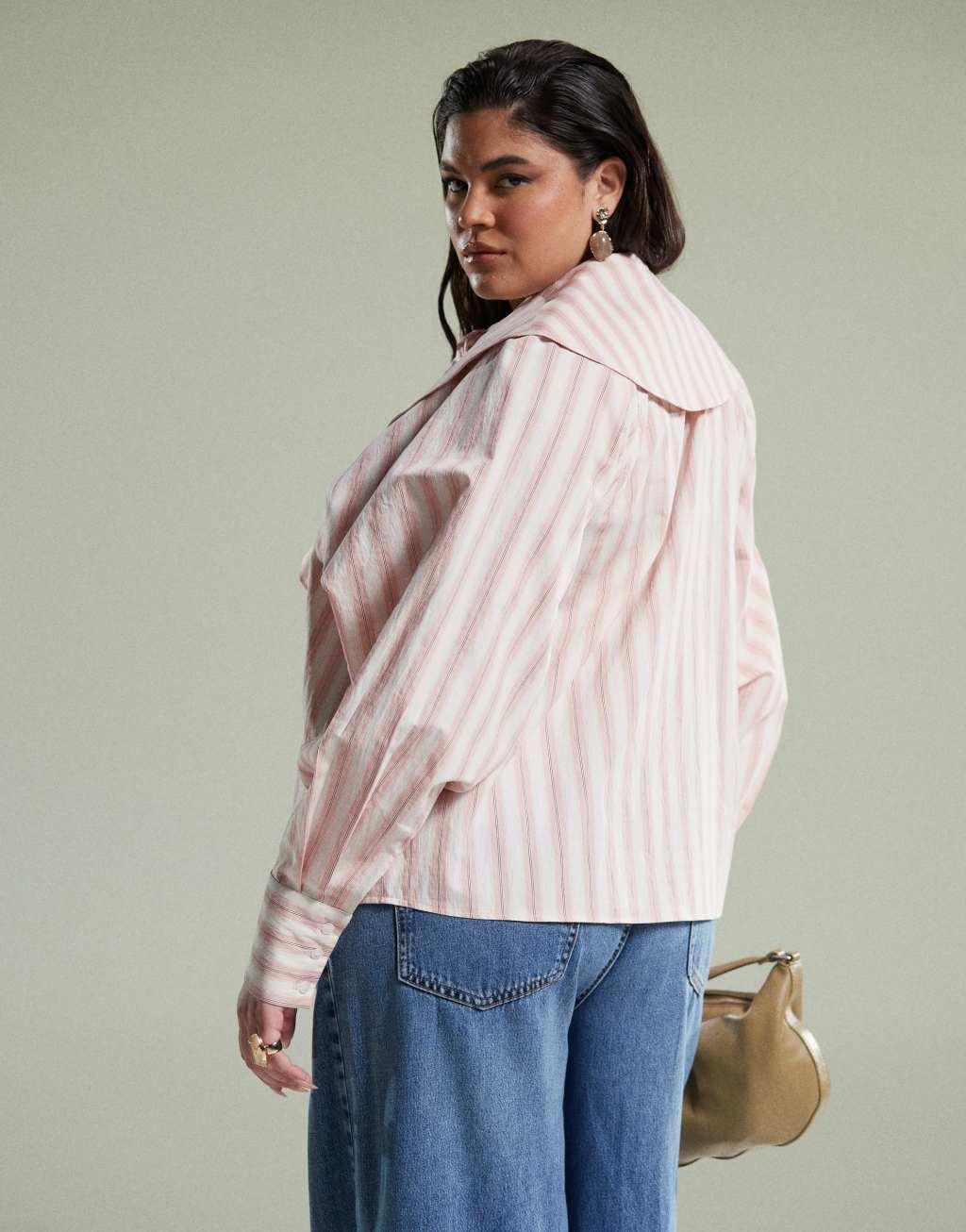 ASOS DESIGN Curve shirt with large collar and tie detail in pink stripe Product Image