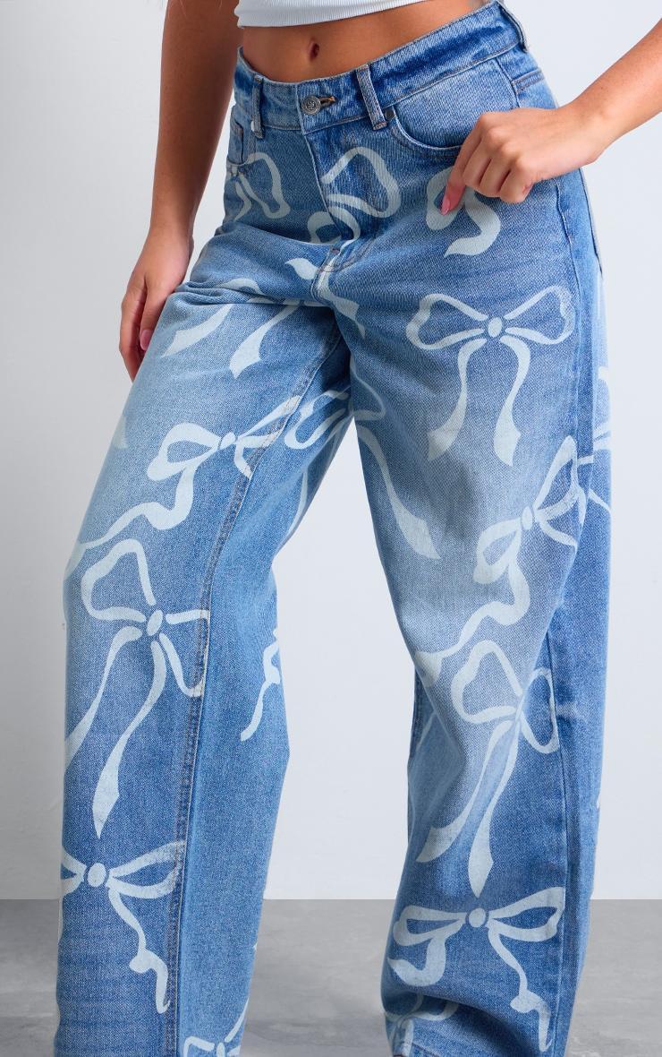 Light Blue Ribbon Laser Print Wide Leg Jeans Product Image
