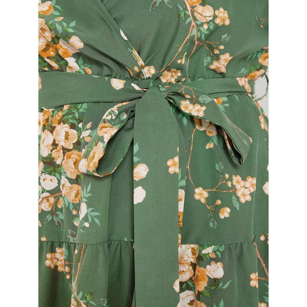 Plus Size Floral Print Wrap Belted Pocket Ruffle Hem Dress Green Women Elegant Lined V-neck Short sleeve Curvy Midi Dress BloomChic 22-24/3X Product Image