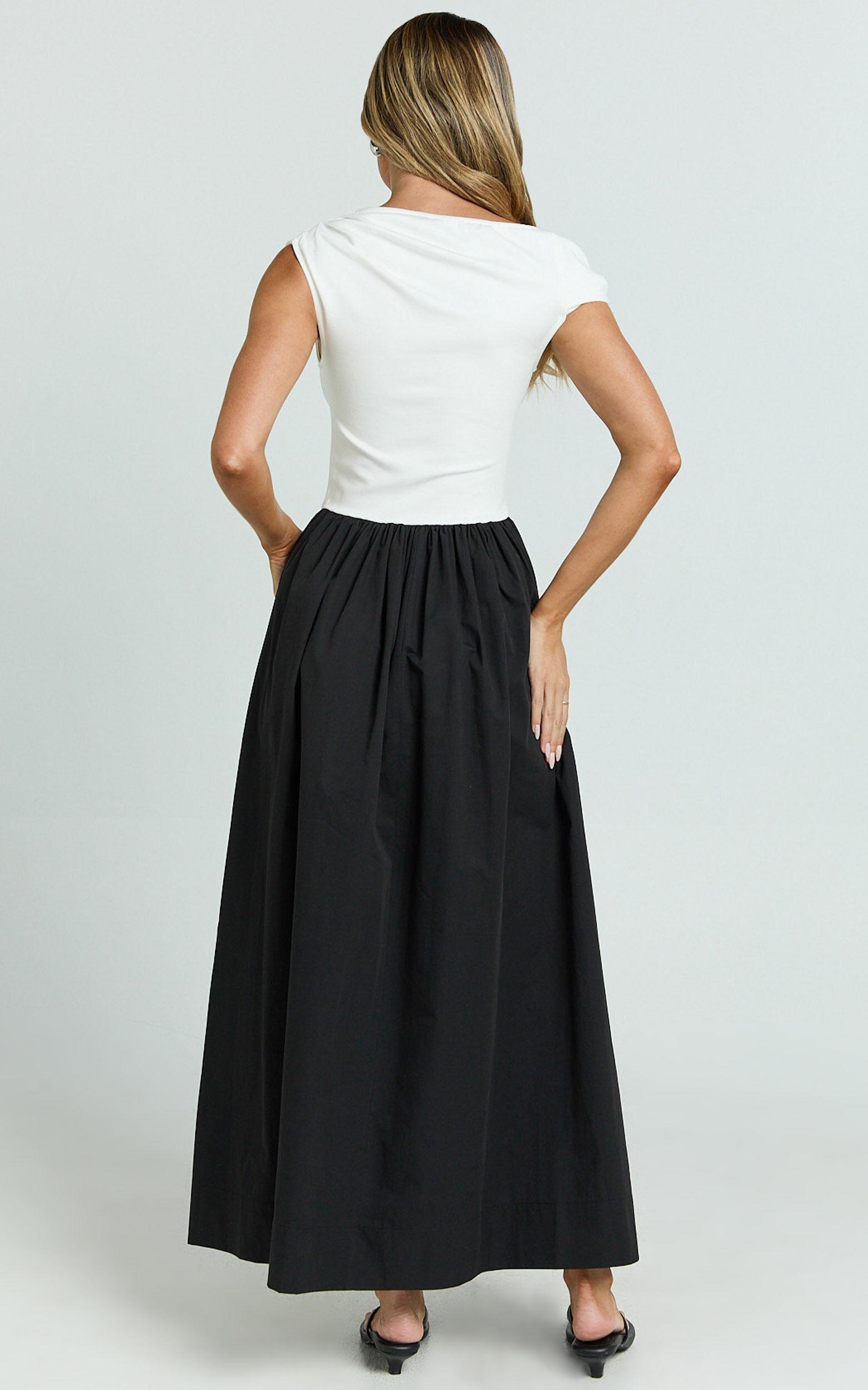 Jhamie Midi Dress - One Shoulder Contrast Skirt Dress in White/Black Product Image