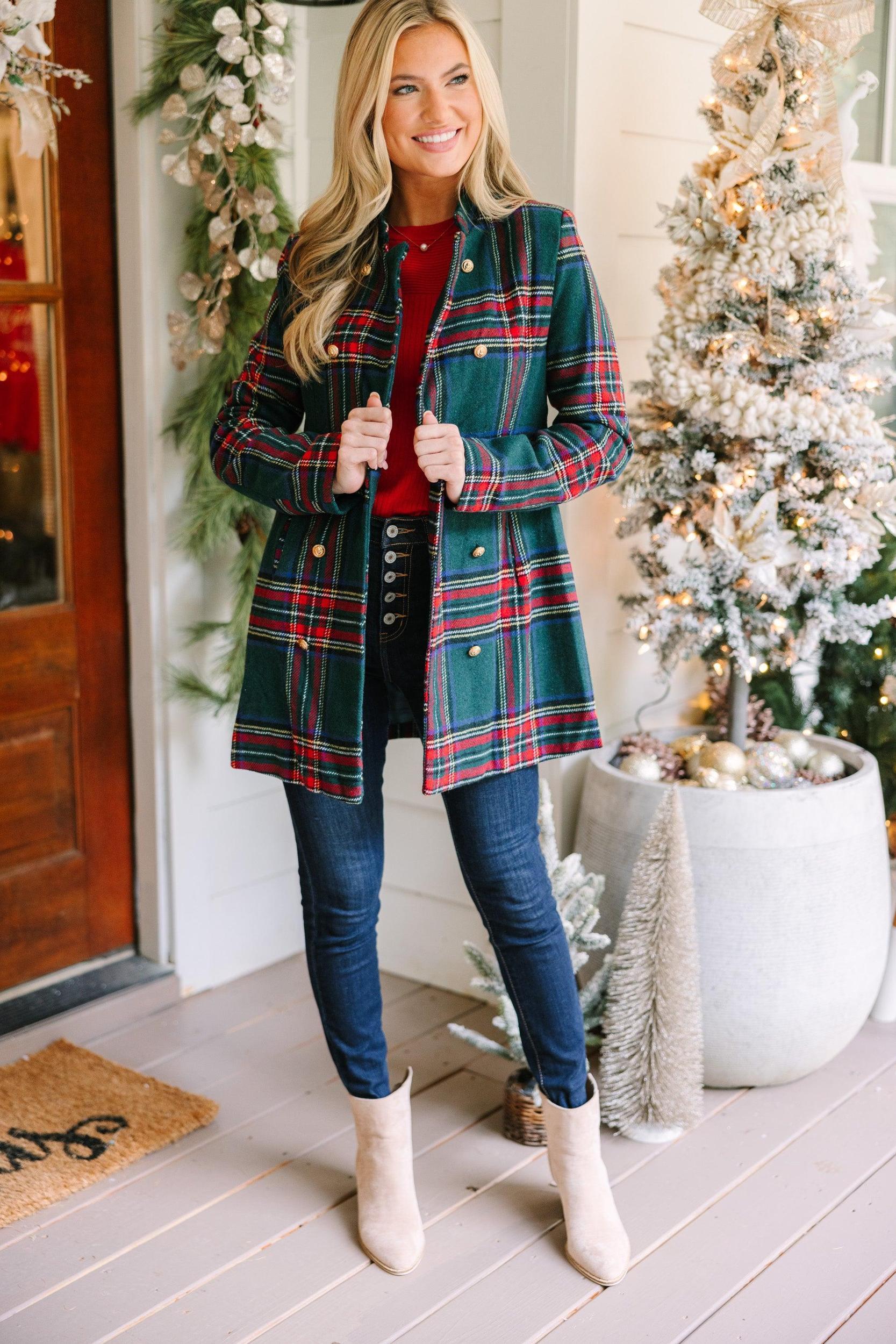 City Streets Emerald Green Plaid Coat Female Product Image