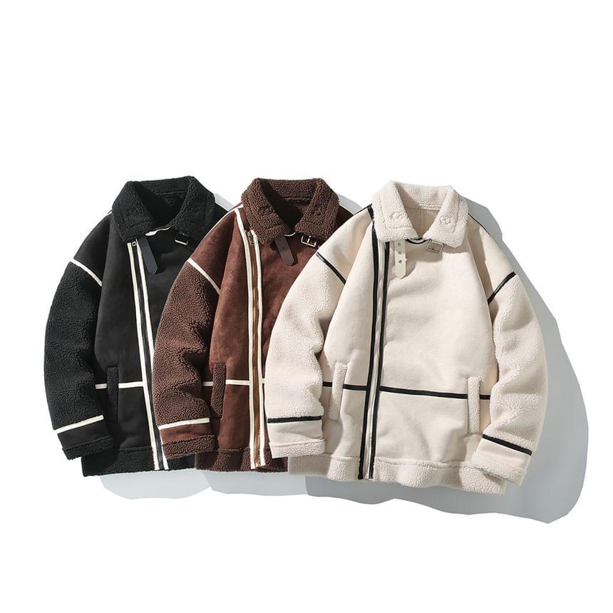Couple Matching Collared Panel Faux Shearling Zip Jacket Product Image