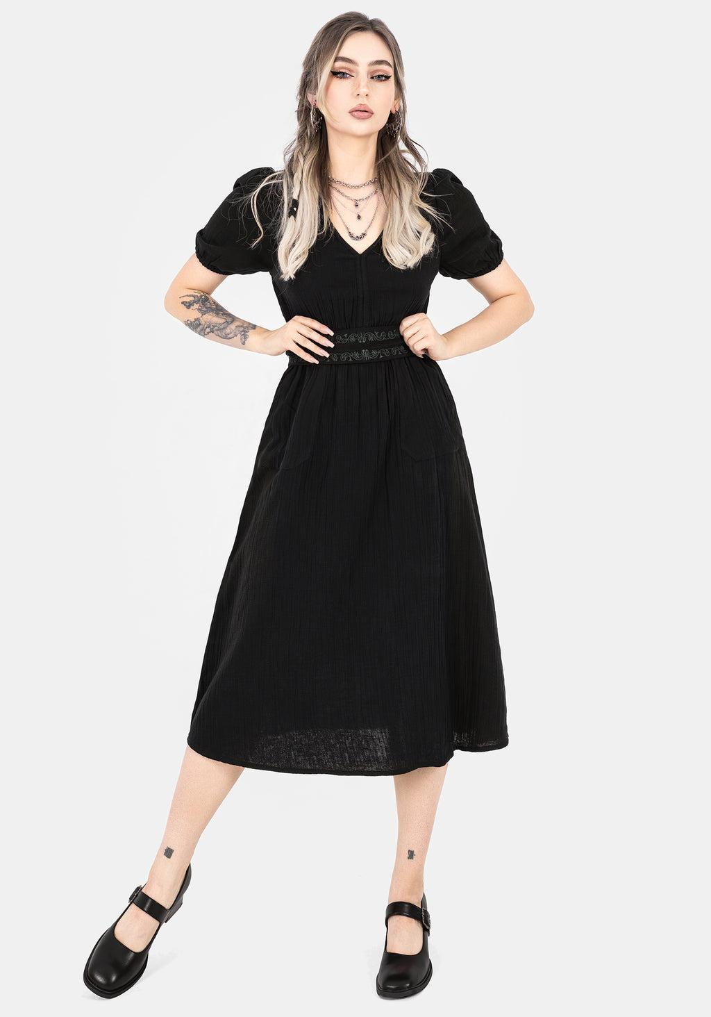 Poultice Embroidered Cotton Midi Dress - Black Product Image