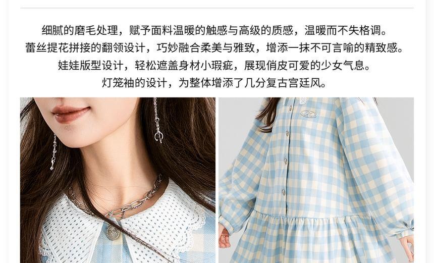 Long Sleeve Lace Collar Plaid Button Mini A-Line Dress Product Image