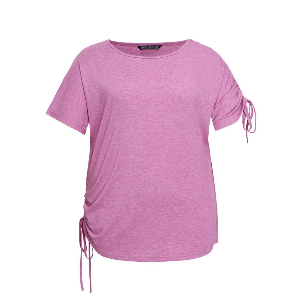 Plus Size Solid Drawstring Side Batwing Sleeve Heather T-shirt Lilac Women Elegant Heather Plain Round Neck Dailywear T-shirts BloomChic 22-24/3X Product Image