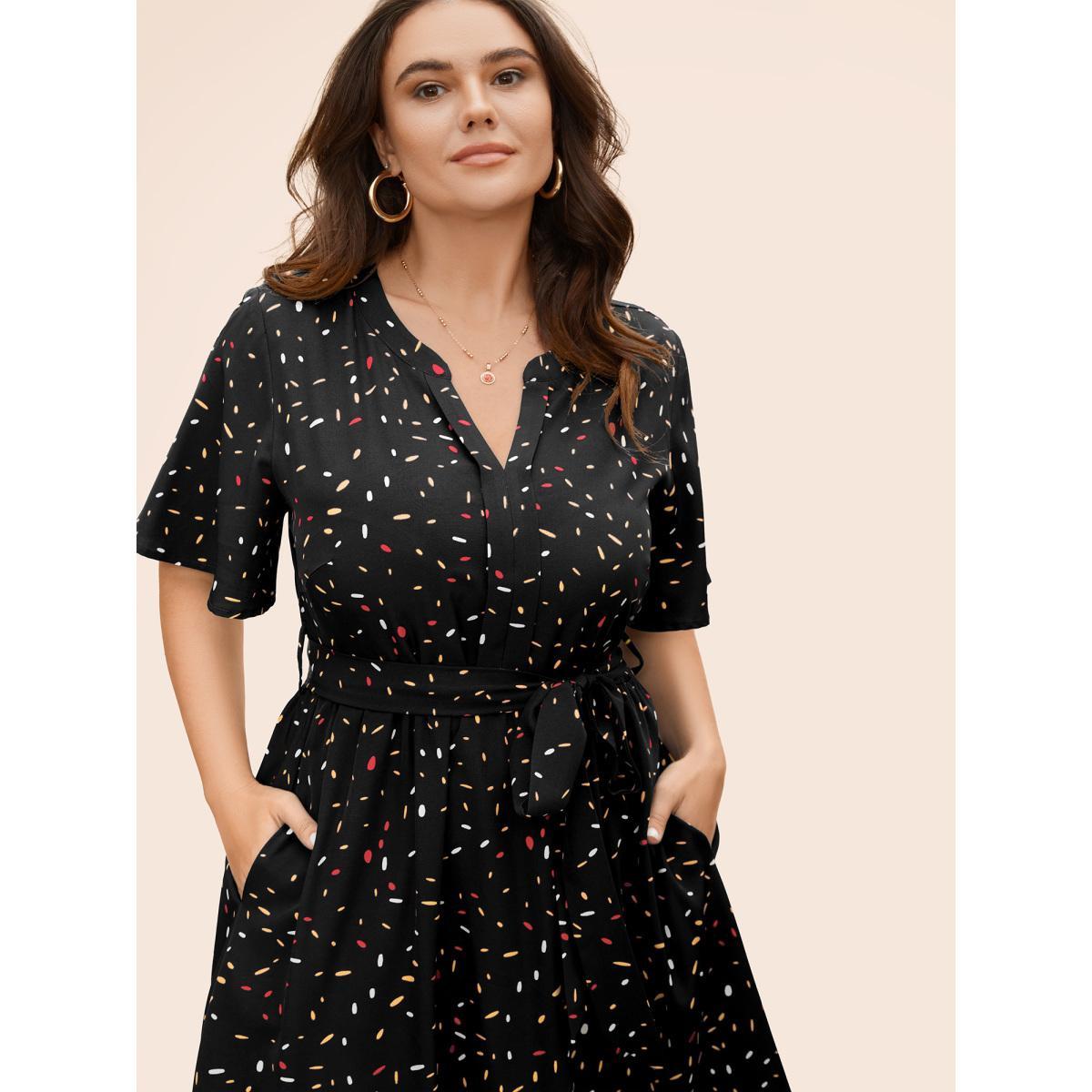 Plus Size Split Neck Confetti Print Midi Dress Black Women Elegant Belted Notched collar Short sleeve Curvy BloomChic 18-20/2X Product Image