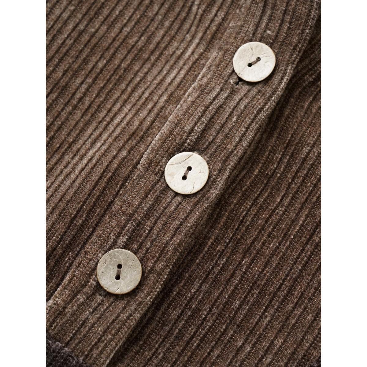 Plus Size Chenille Plisse Patchwork Button Detail Sweatshirt Women DarkBrown Casual Texture Round Neck Everyday Sweatshirts BloomChic 12/L Product Image