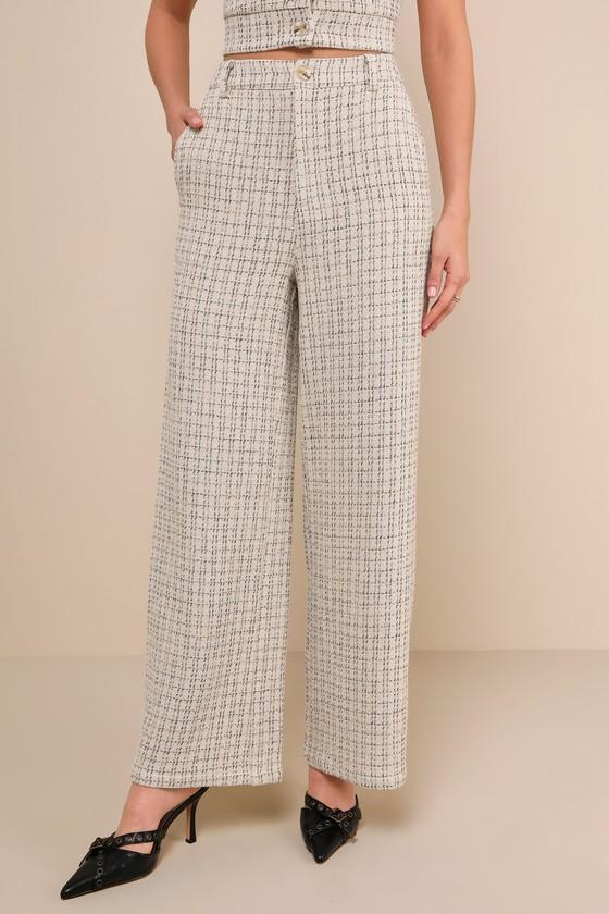 Posh Perception Ivory and Black Plaid Tweed Wide-Leg Pants Product Image