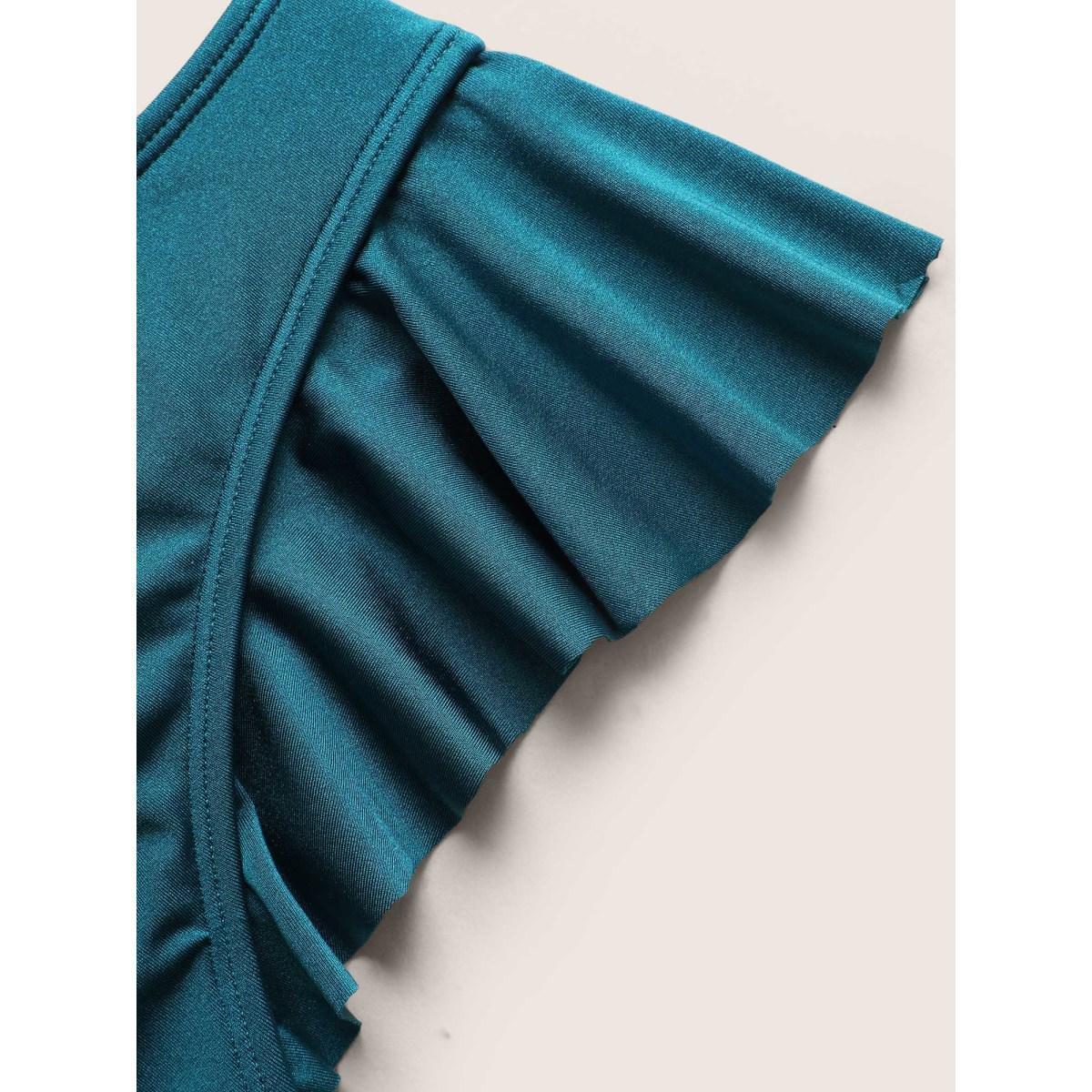 Plus Size Solid Wrap Ruffle Cap Sleeve Swim Top Women's Swimwear Cyan Beach Pleated High stretch Skinny Overlap Collar Curve Swim Tops BloomChic 10/M Product Image