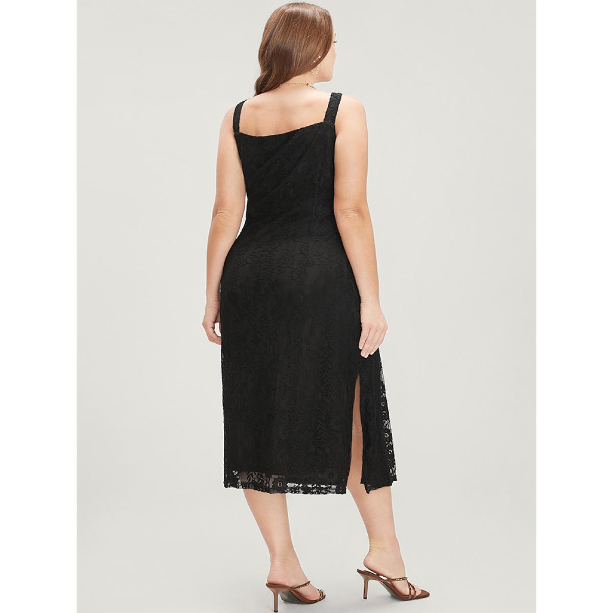 Plus Size Solid Crochet Lace Split Hem Cami Dress Black Women Glamour Spaghetti Strap Sleeveless Curvy Midi Dress BloomChic 28/5X Product Image