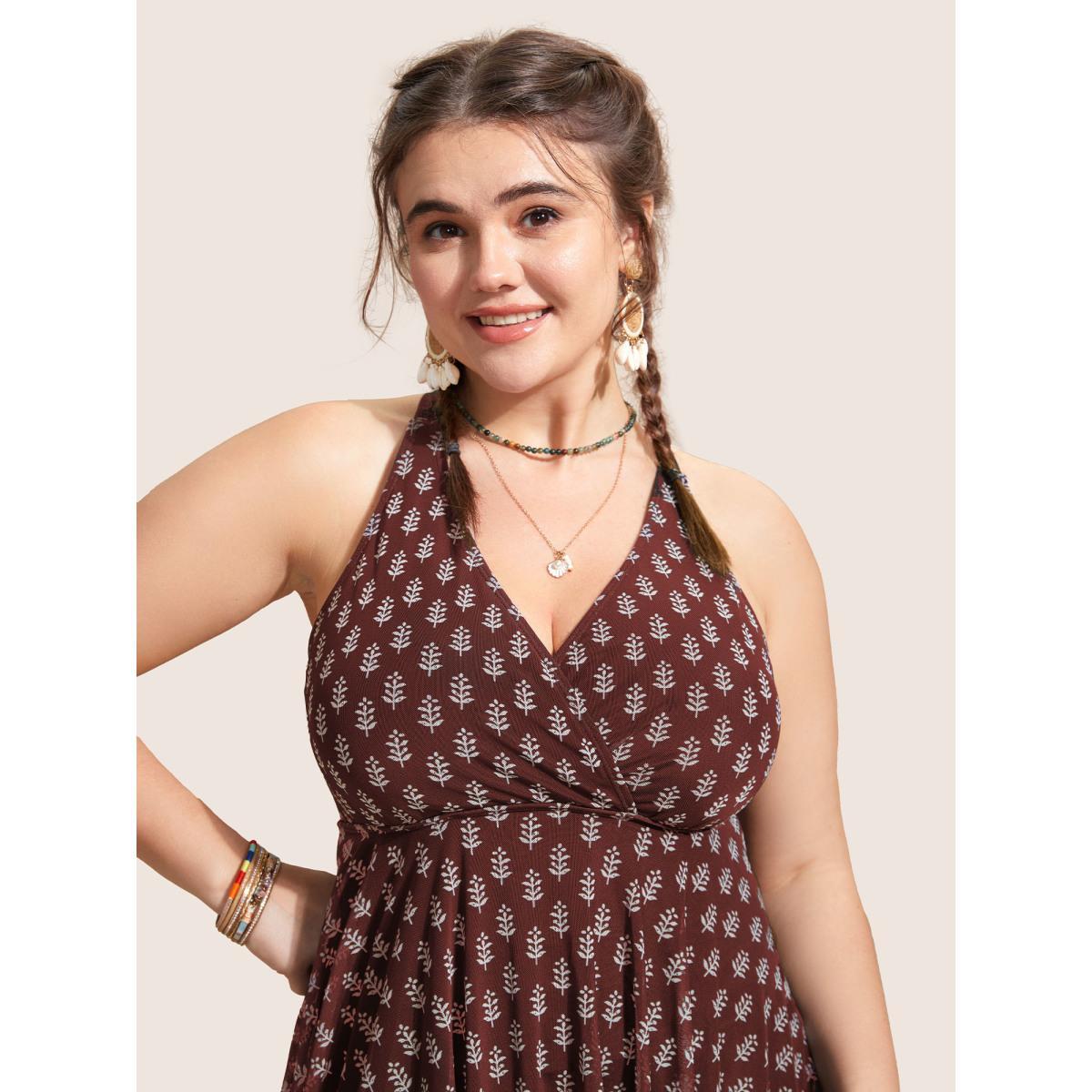 Plus Size Overlap Collar Boho Print Patchwork Swim Dress Women's Swimwear Deepred Beach Bodycon Overlap Collar High stretch Curve Swim Dresses BloomChic 14-16/1X Product Image