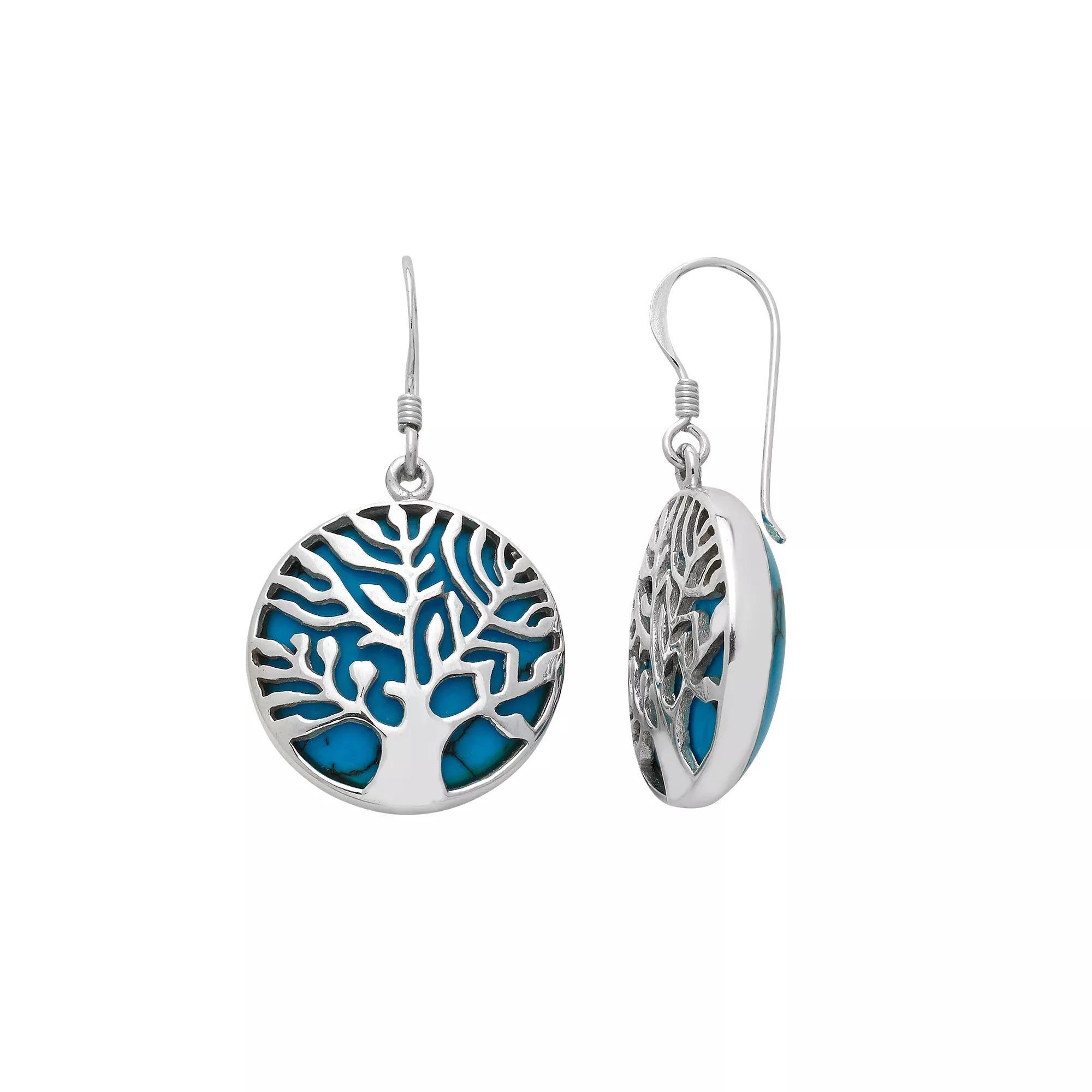 Sterling Silver Simulated Turquoise Tree of Life Drop Earrings, Women's, Blue Product Image