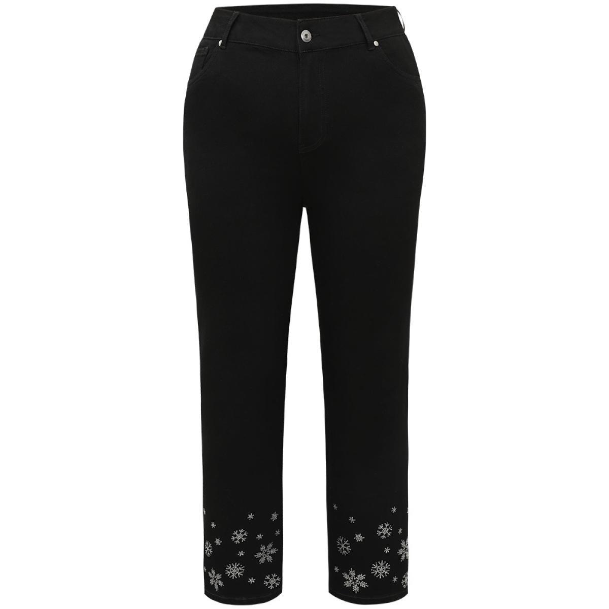 Plus Size Snowflake Rhinestone Very Stretchy Jeans Women Black Casual Graphic-Christmas Rhinestone detailing High stretch Pocket Jeans BloomChic 30/6X Product Image