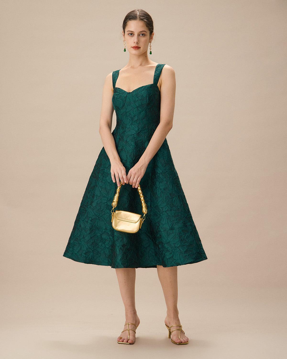 Green Sweetheart Neck Jacquard Midi Dress Product Image