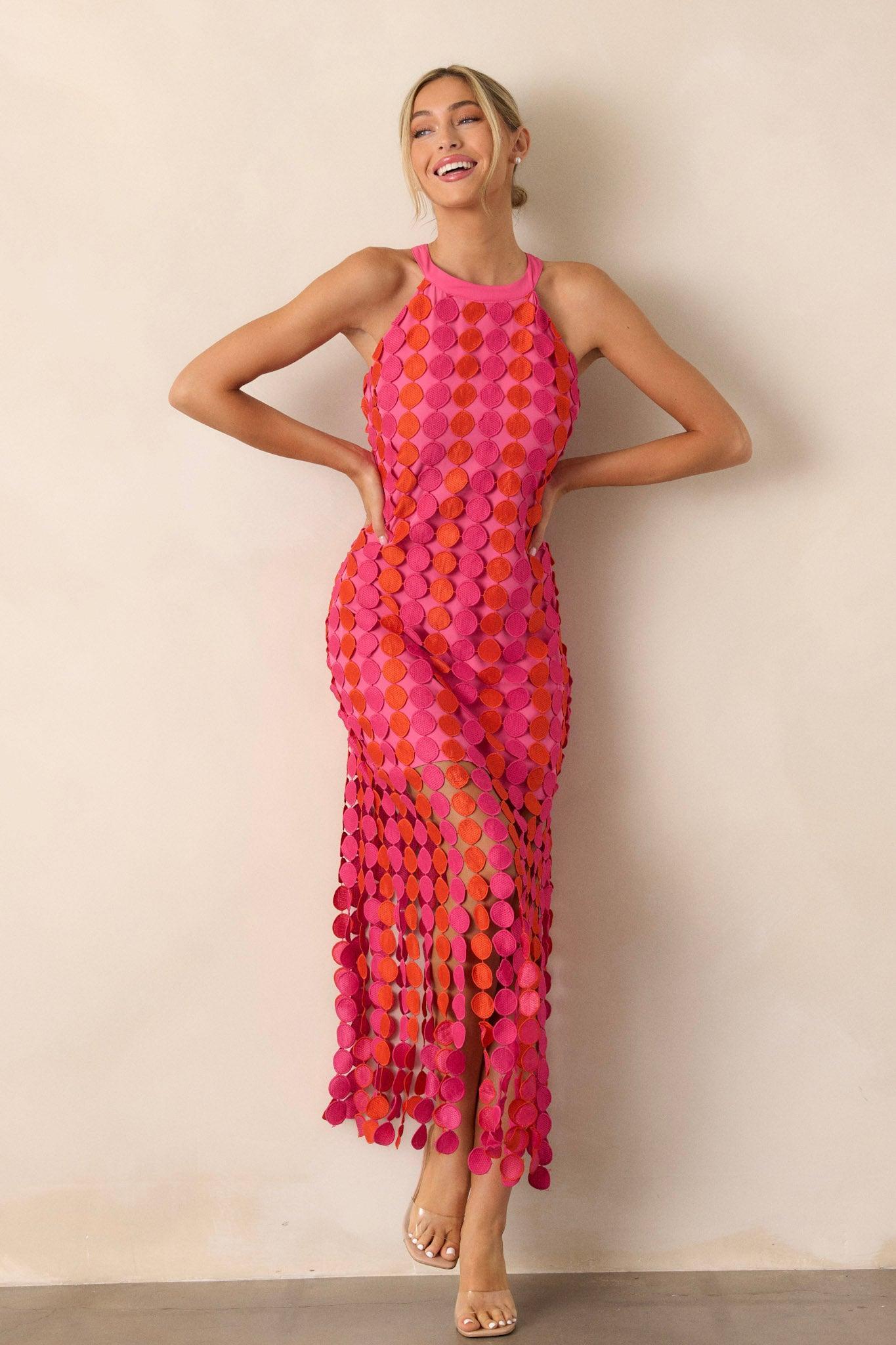 Dream Avenue Hot Pink Fringe Halter Top Midi Dress Product Image