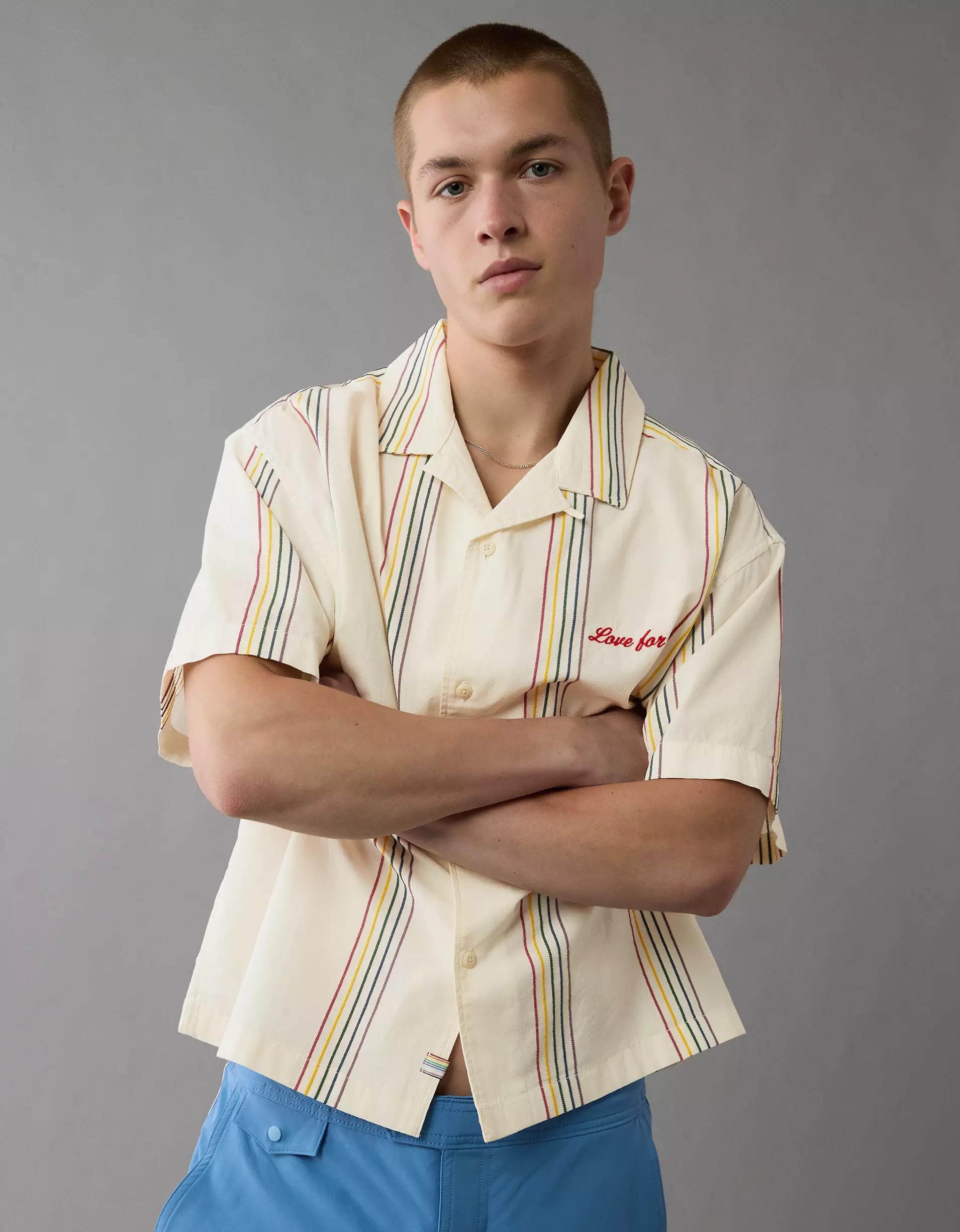 AE Pride Poolside Embroidered Striped Button-Up Shirt Product Image
