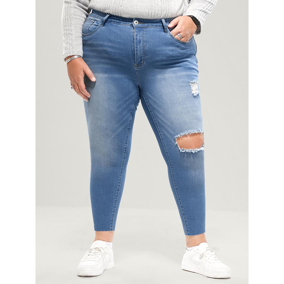 Plus Size Skinny Very Stretchy High Rise Medium Wash Distressed Jeans Women LightBlue Casual Plain High stretch Pocket Jeans BloomChic 16/1X Product Image