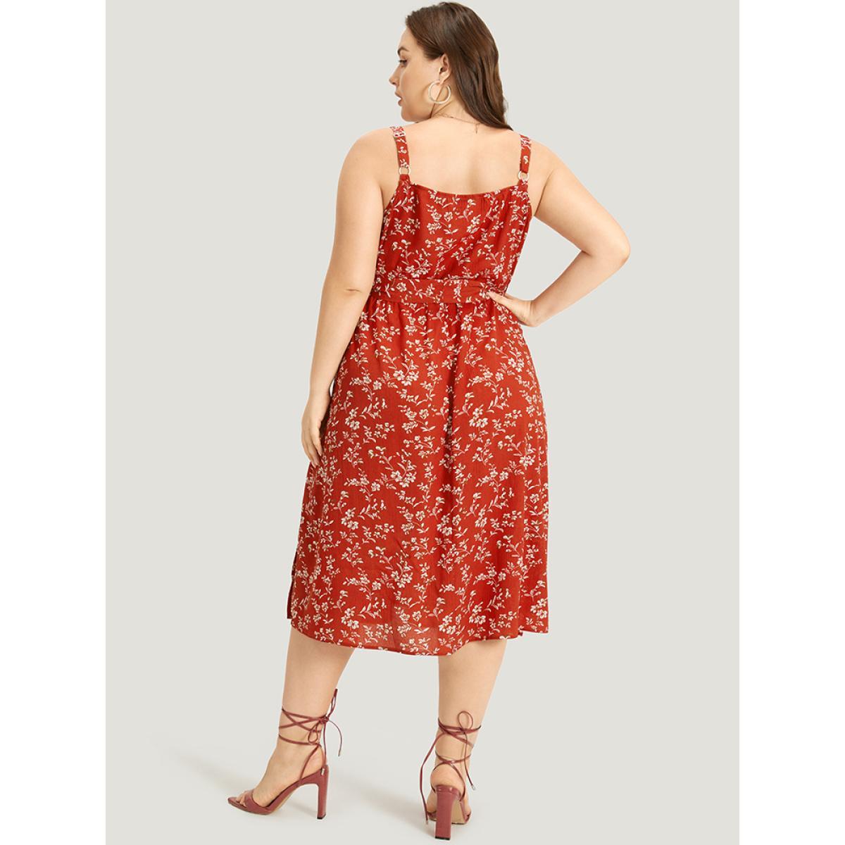 Plus Size Ditsy Floral Button Detail Belted Split Hem Cami Dress Red Women Elegant Belted Spaghetti Strap Sleeveless Curvy Midi Dress BloomChic 28/5X Product Image