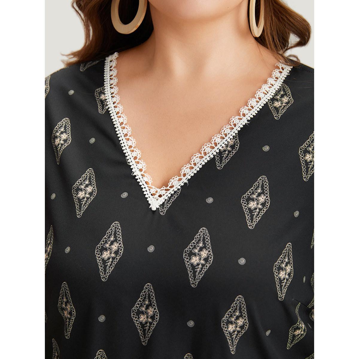 Plus Size Black Boho Print Guipure Lace V Neck Bell Sleeve Blouse Women Vacation Elbow-length sleeve V-neck Dailywear Blouses BloomChic 30/6X Product Image