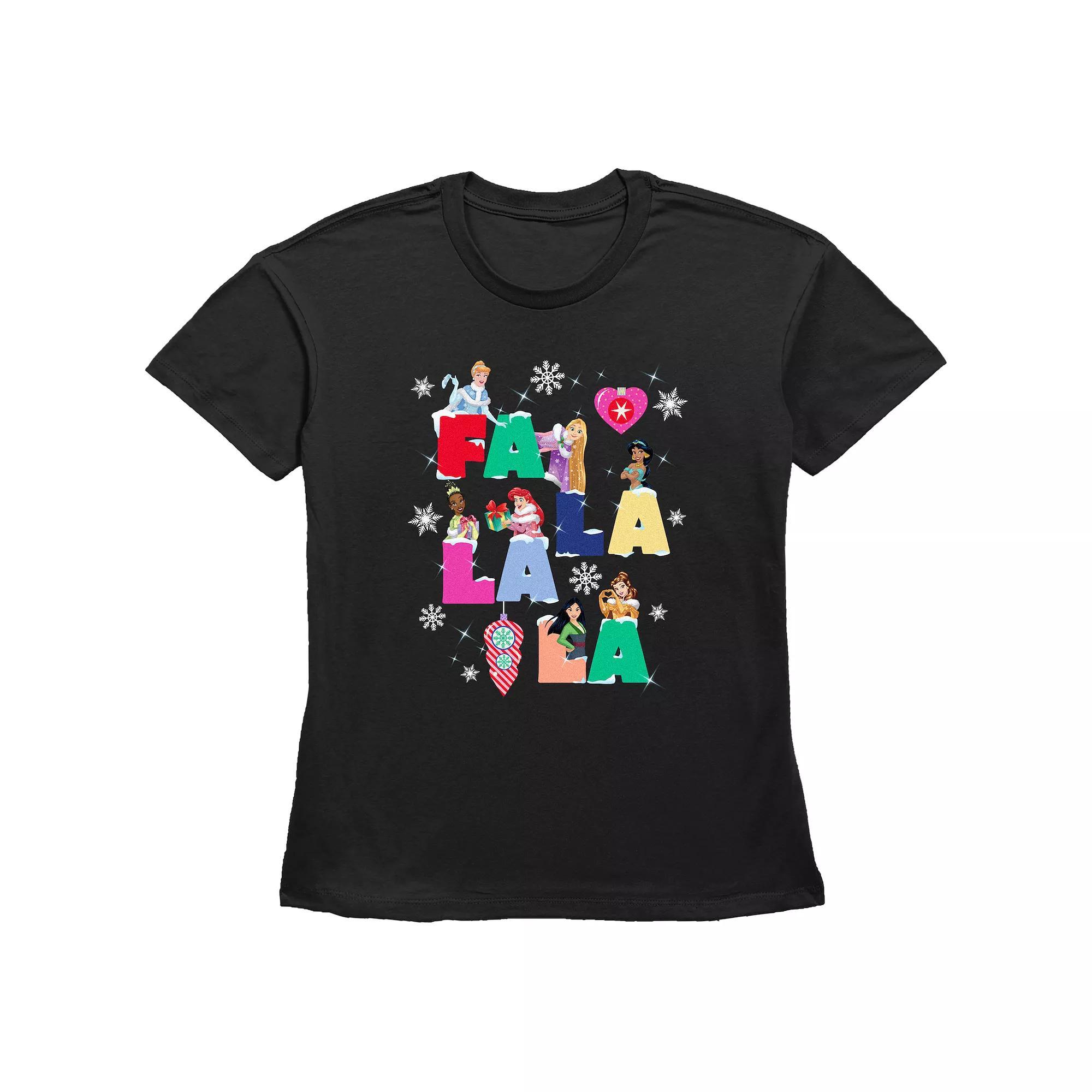 Disney Princess Cinderella, Rapunzel, Jasmine, Tiana, Ariel, Mulan & Belle Fa La La La Christmas Singing Women's Graphic Tee, Size: Large, Black Product Image
